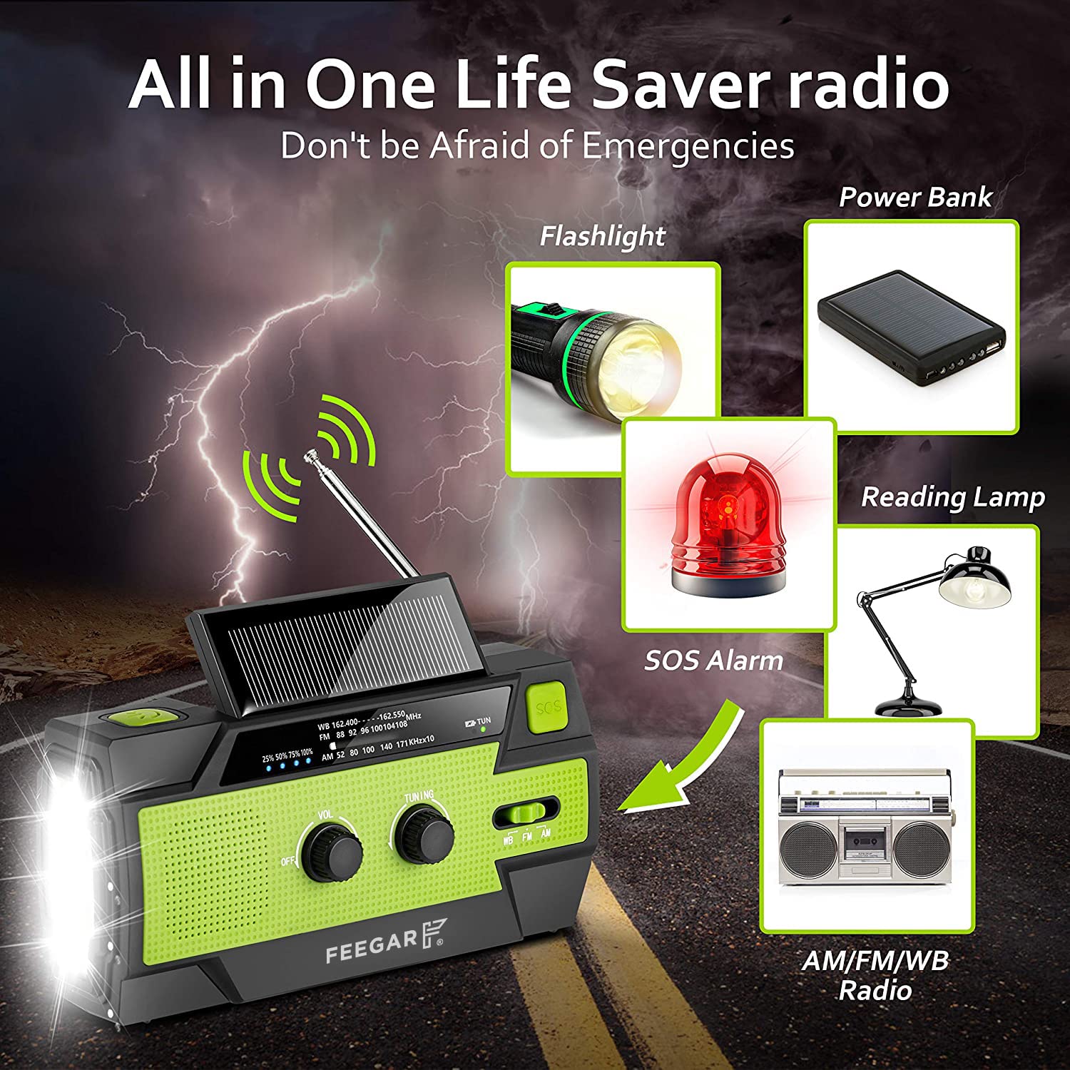 Radio solar de emergencia Feegar Oze 2 Pro radio de manivela para situaciones de emergencia AM/FM radio de supervivencia portátil, linterna LED de 4 modos, alarma SOS, banco de energía 4000mAh