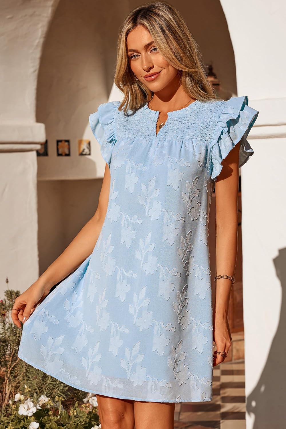 Dokotoo Womens Summer Dresses 2026 Ruffle Short Sleeve Casual V Neck Smocked Floral Burnout Mini Dress Sundress - Image 3