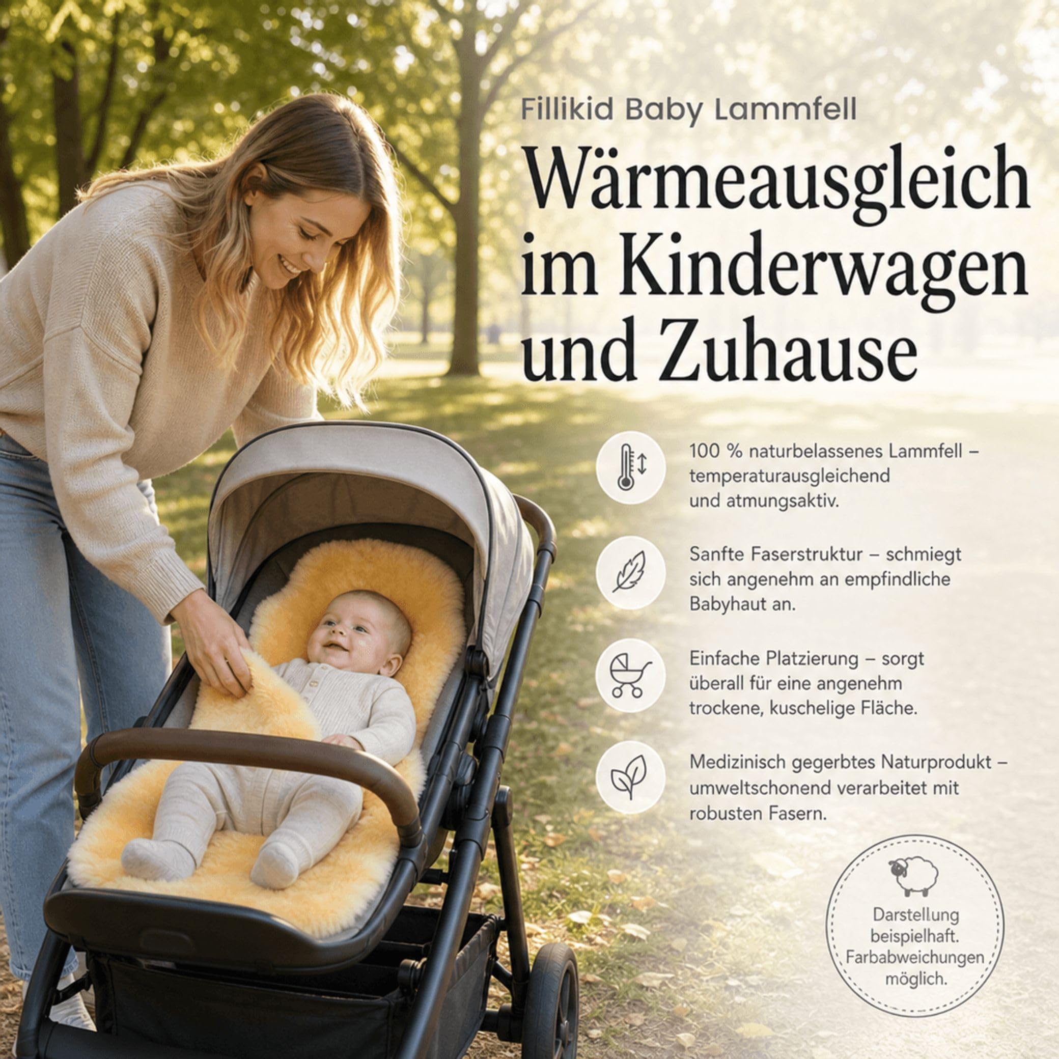 Fillikid Lammfell echt Natur Kinderwagendecke Krabbeldecke Spieldecke Baby Lammfell medizinisch gegerbt weich hautfreundlich Sitzauflage