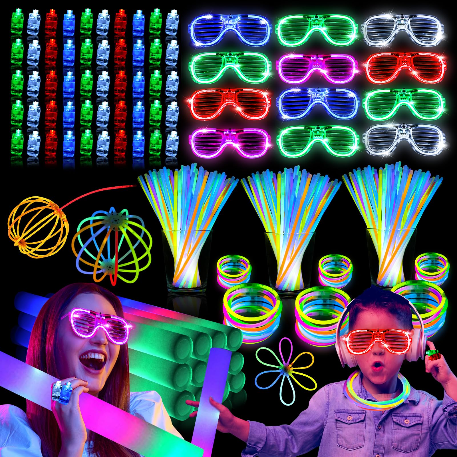 324 PCS Glow in the Dark Party Supplies: Glow Party Favors with 250 Glow Sticks 12 Foam Glow Sticks 12 LED Glasses and 50 Finger Lights - Neon Party Favors for Birthday Wedding Concert and Raves