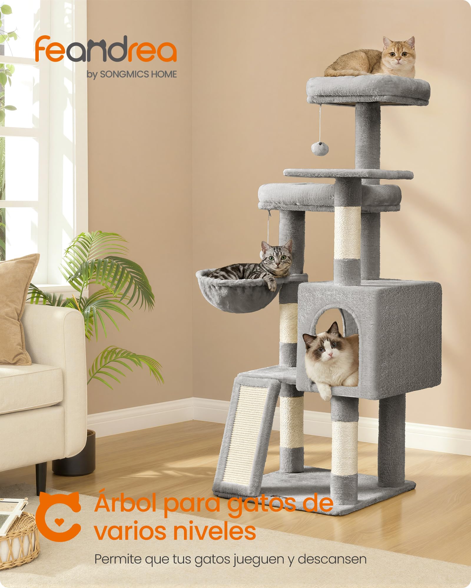Feandrea Árbol para Gatos, Rascador de Gatos, Torre con Postes y Rampa Rascador, 3 Grandes Plataformas, 1 Cueva, 1 Hamaca, 2 Pompones, Altura 136 cm, Gris Paloma PCT012GD01