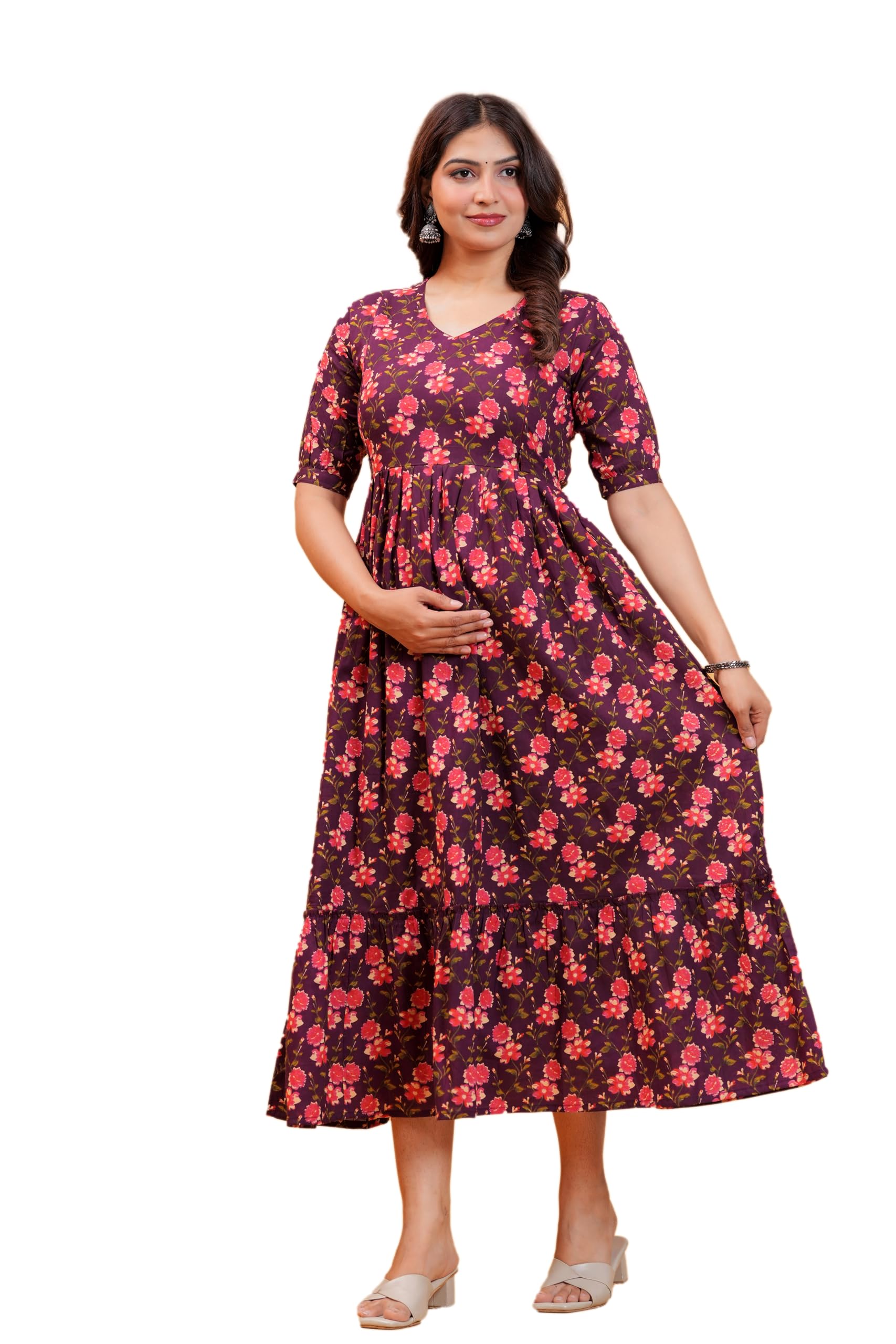 nevisha style Women Cotton Anarkali Floral Printed Maternity Kurta Feeding Comfortable Kurta Zipper & Dress for Pregnant Women's Printed Feeding Dress for Women's.L Brown-picture-11