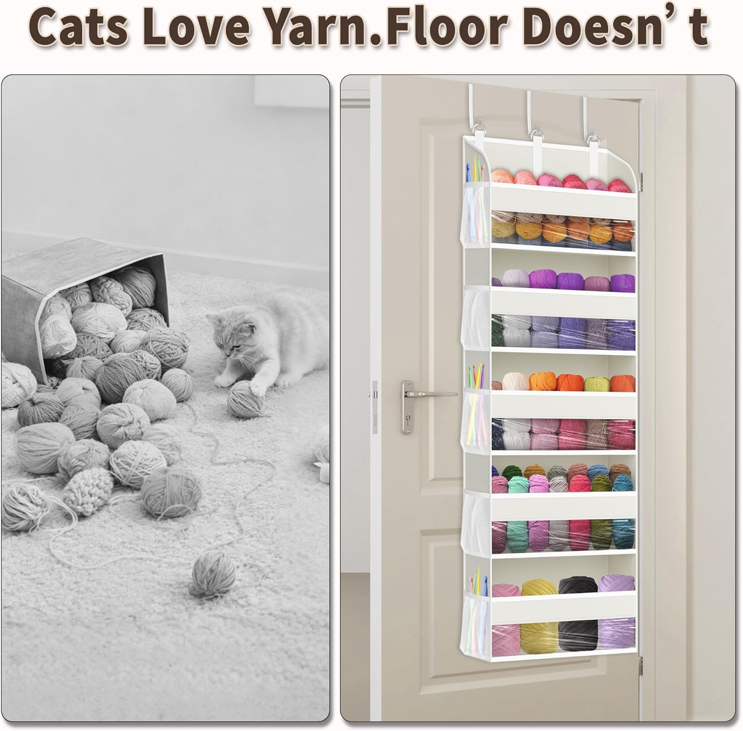 KYEVIS Hanging Yarn Storage Organizer, Large Yarn Storage with 5 Clear Pockets Organizer and 10 Mesh Side Pockets, Available to Knitting Accessories & Crochet Yarn Storage (Beige)