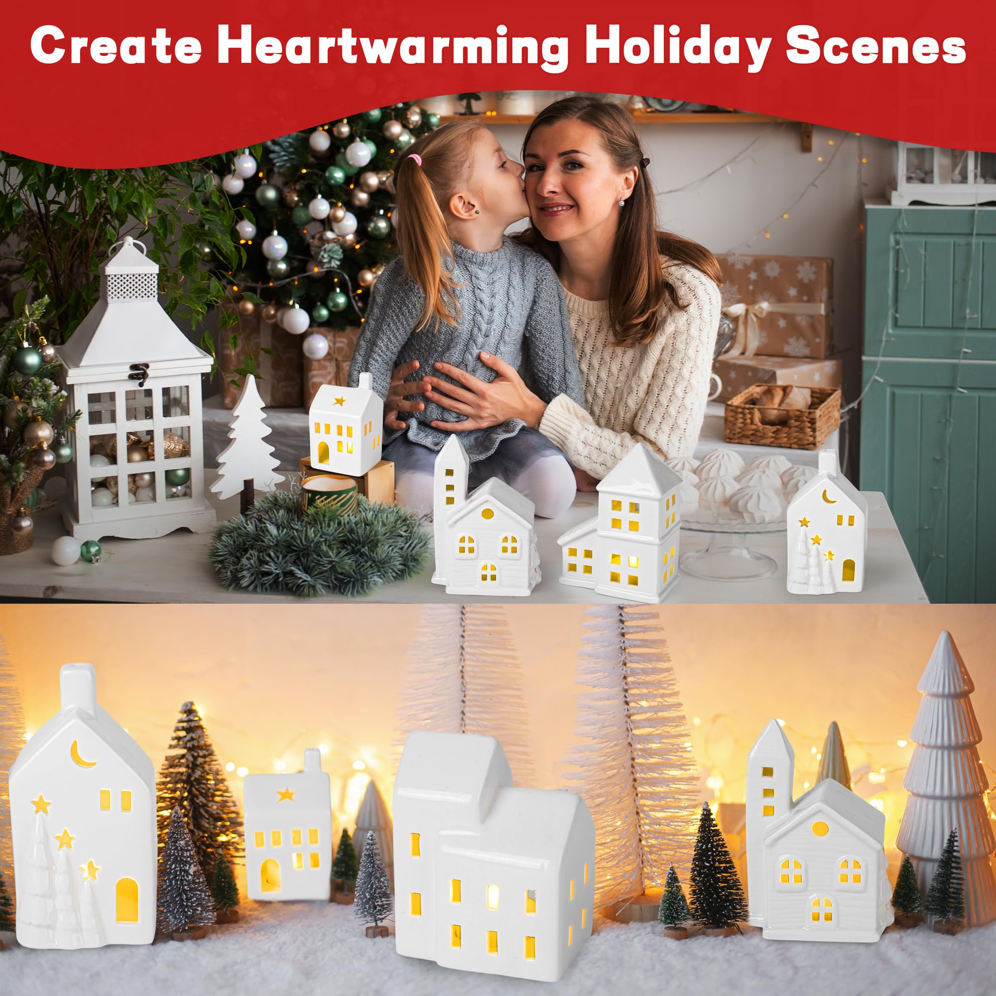 Fovths Lot de 37 pièces de village de Noël en porcelaine - 6 maisons lumineuses en céramique avec bougies chauffe-plat LED télécommandées - 14 arbres, clôtures, lampadaires - Accessoires de village