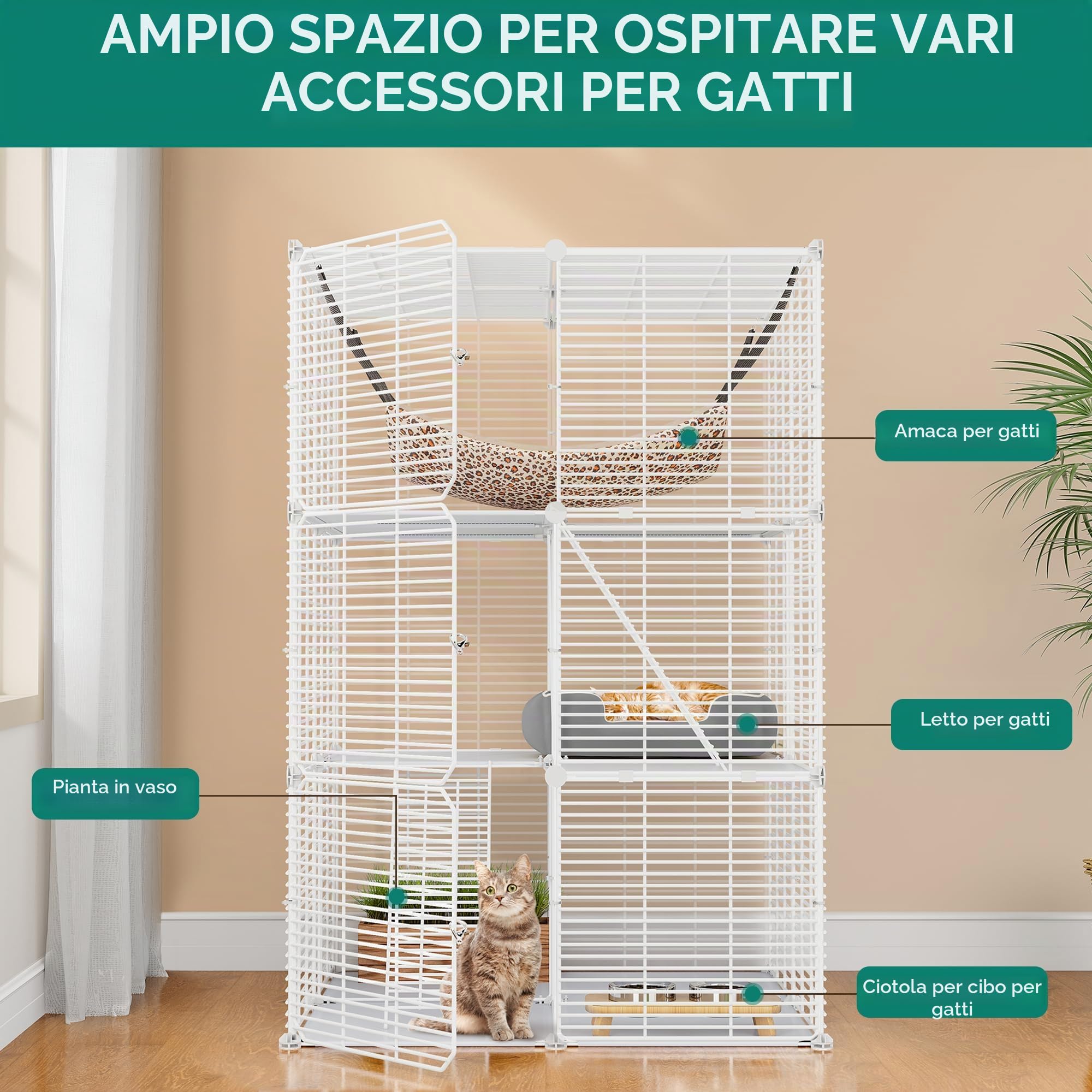 YITAHOME Recinto per Gatti a 3 Livelli Con 3 Porte, 2 Scale, Box in Metallo Con Amaca, Catio a Filo Denso Rimovibile per 1-2 Gatti, Bianco, 72x72x104 cm