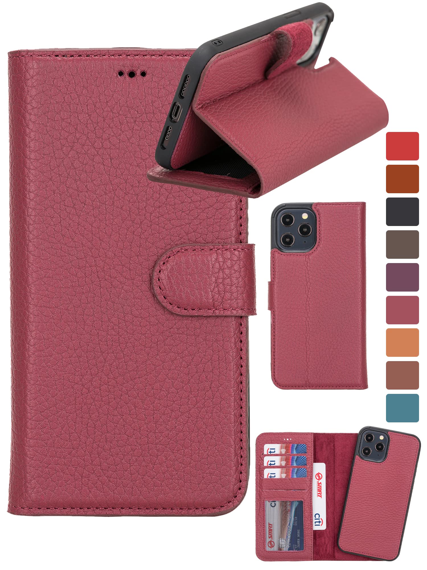 HARDISTON Genuine Leather Handmade Wallet Case Compatible with iPhone XR - Detachable Strong Magnetic Flip Cover with Card Holders - Horizontal Kickstand Edges (Burgundy)