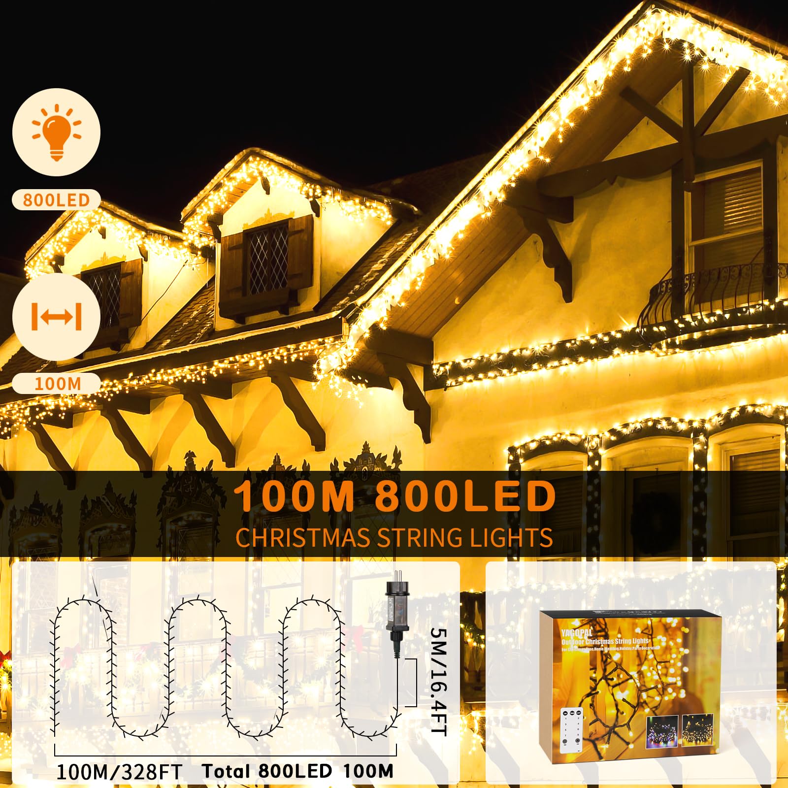 YAGOPAL Luci Natale Esterno,100M 800LED Luci di Natale Impermeabile 8 Modalità con Timer Halloween Christmas Catena Luminosa per Interno Esterno Casa Giardino Patio Festa Natale Albero