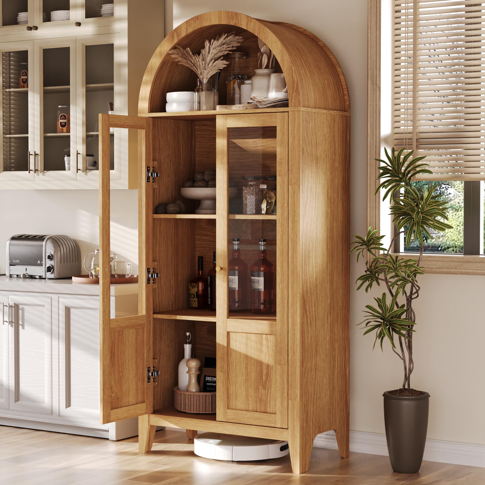 EAG Arched Cabinet, 71" Tall Kitchen Pantry Storage Cabinet with 2 Glass Doors, Versatile Display Storage Cupboard for Kitchen, Dining Room, Bathroom,
