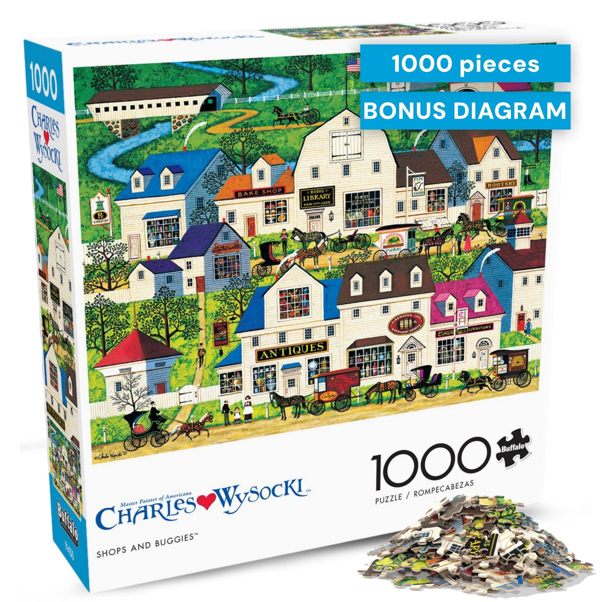 1000 Piece Jigsaw Puzzle Charles Wysocki Shops and Buggies, Made in USA, Premium Recycled Board, Reference Diagram, Giftable