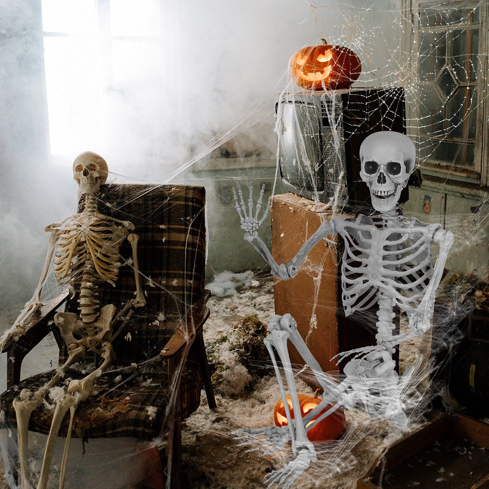 Szkielet naturalnej wielkości na Halloween, 2024, możliwy szkielet całego ciała, wiszący szkielet, dekoracja na Halloween z 7 ruchomymi przegubami, sufit, rekwizyty na Halloween, upiorna dekoracja