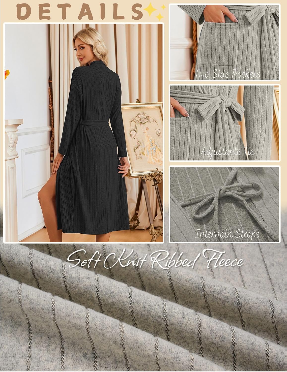 Ekouaer Womens Robes Long Bathrobe Ribbed Knit Kimono Robe Soft Sleepwear