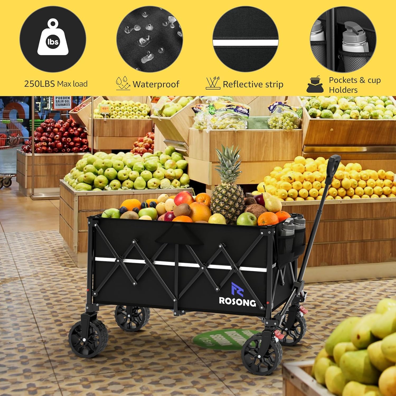 ROSONG Chariot de Plage Pliable-Chariot de Jardin 4 Roues Tout Terrain avec Freins Charrette Transport Grande Capacité 150KG pour Camping Courses Plage et Extérieur - 4