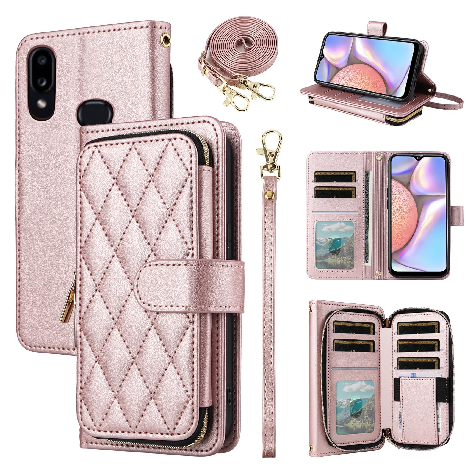 Furiet Argyle Wallet Case for Samsung Galaxy A10s with Wrist Strap Shoulder Strap, 9+ Card Slots Zipper Purse Luxury PU Leather Stand Checkered Cell