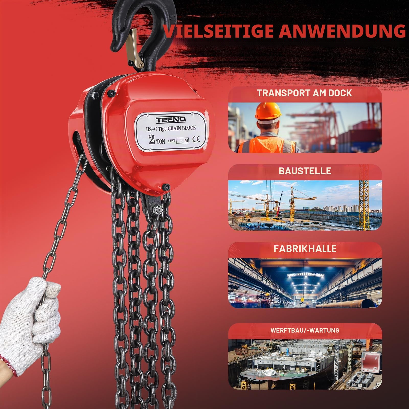 TEENO Flaschenzug 2T Tragkraft 5 m Hubhöhe 360° drehbarer Haken G80-Stahlkette