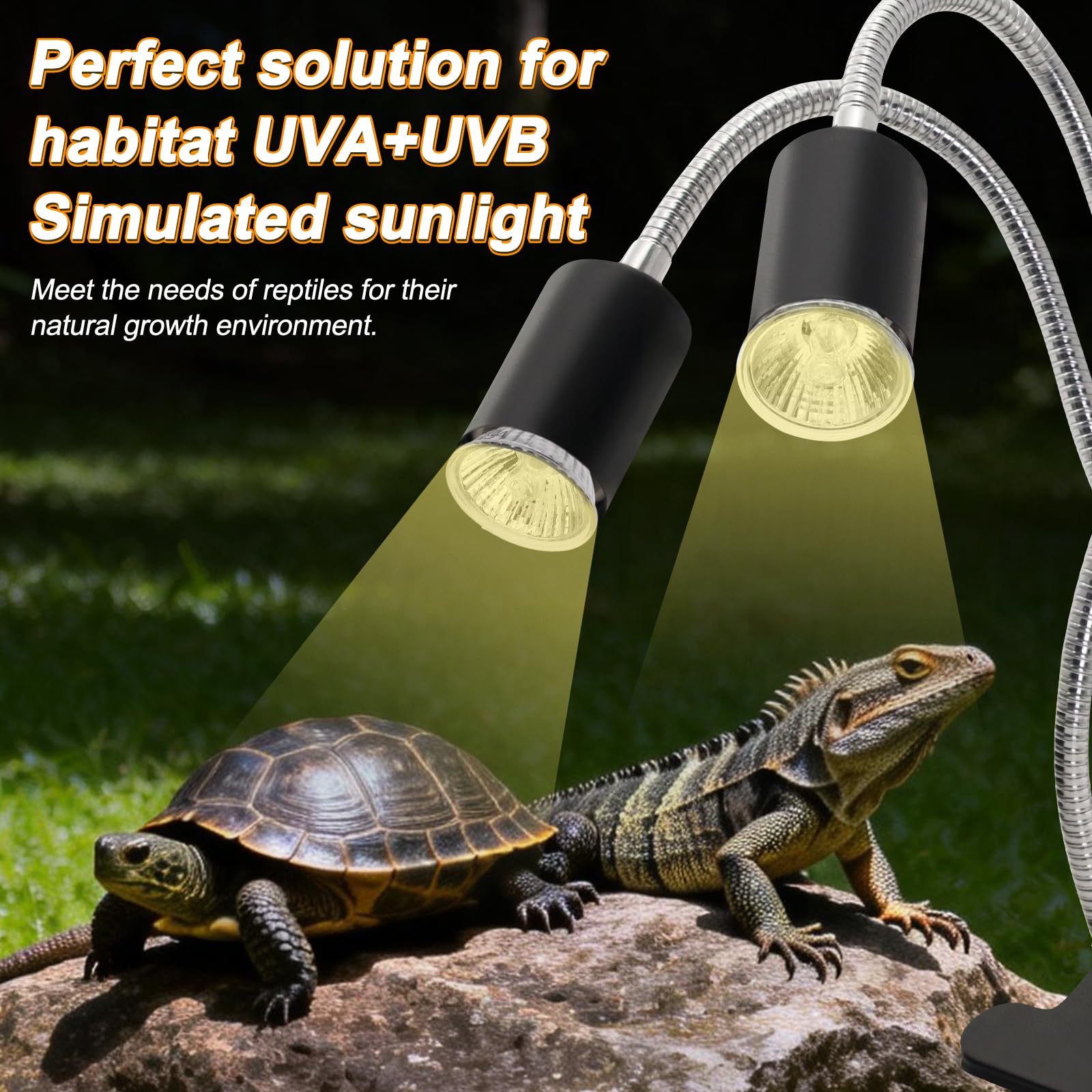 Lampe chauffante tortue à double tête pour reptile avec pince, rotation à 360 °, lampe chauffante UVA UVB avec minuterie de cycle pour tortue, dragon, serpents, lézards