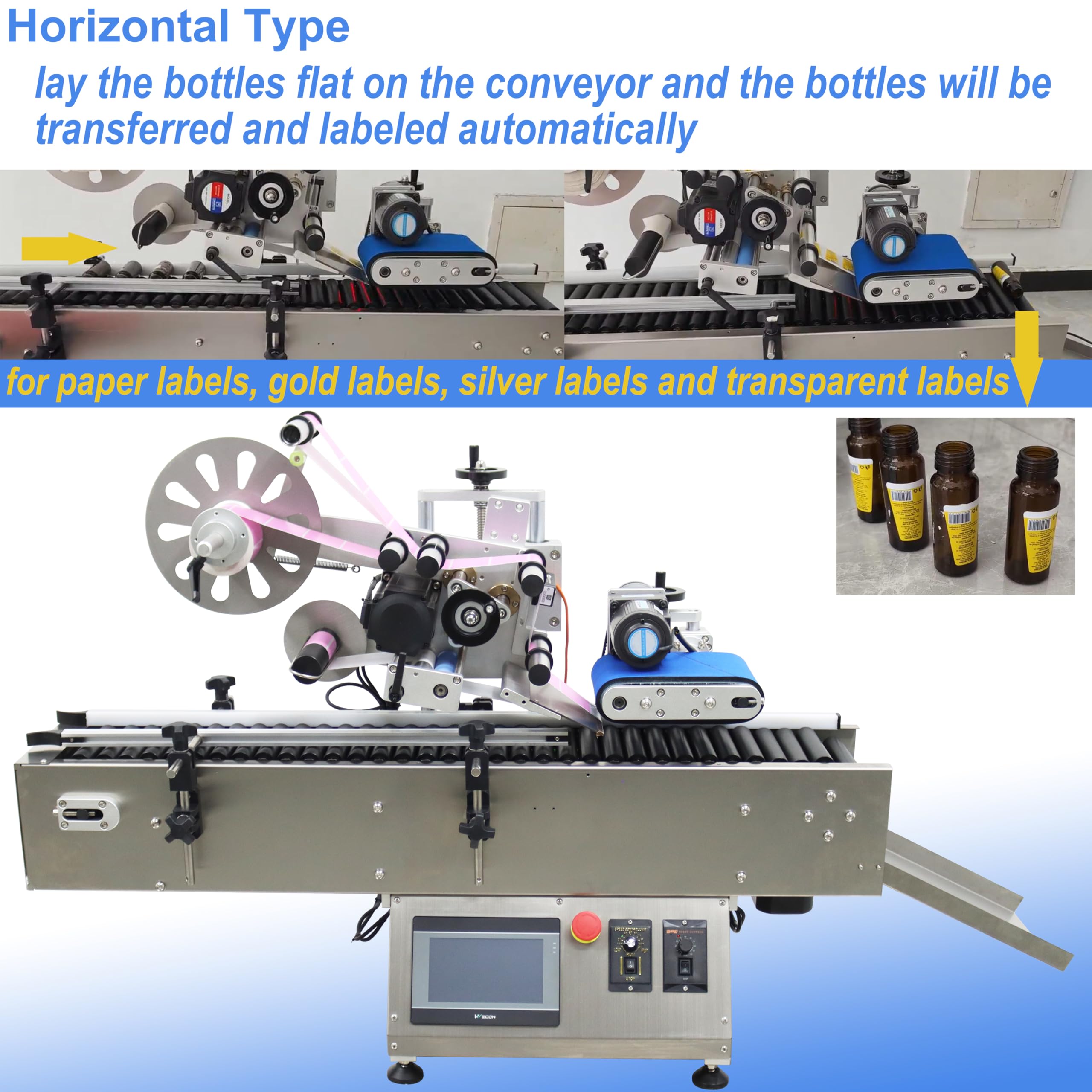 TECHTONGDA Automatic Round Bottle Labeling Machine Horizontal Type for Paper Label Gold Label Silver Label Transparent Label Label Tape Label Dispenser Bottle Diameter 0.59-1.18inch