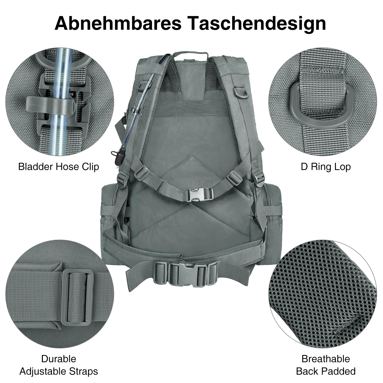 Plecak taktyczny, 60 l, wojskowy, duży plecak survivalowy Molle, dla mężczyzn i kobiet, zdejmowana torba outdoorowa, plecak podróżny do EDC, na kemping, wędrówki, polowanie, szary