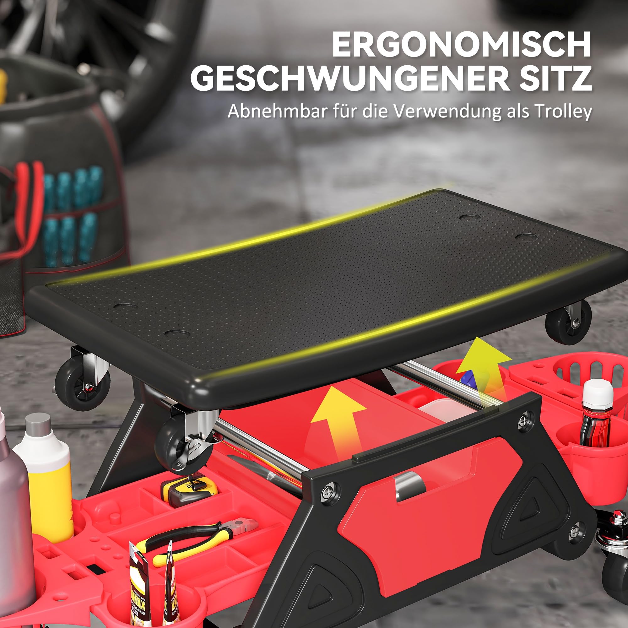 HOMCOM Rolling Mechanic Stool, 135kg Capacity Workshop Stool with 3" Wheels, Roller Creeper Seat with Slide Out Tool Trays, Drawer, Bottle Holders for Garage, Shop, Auto Repair, Red