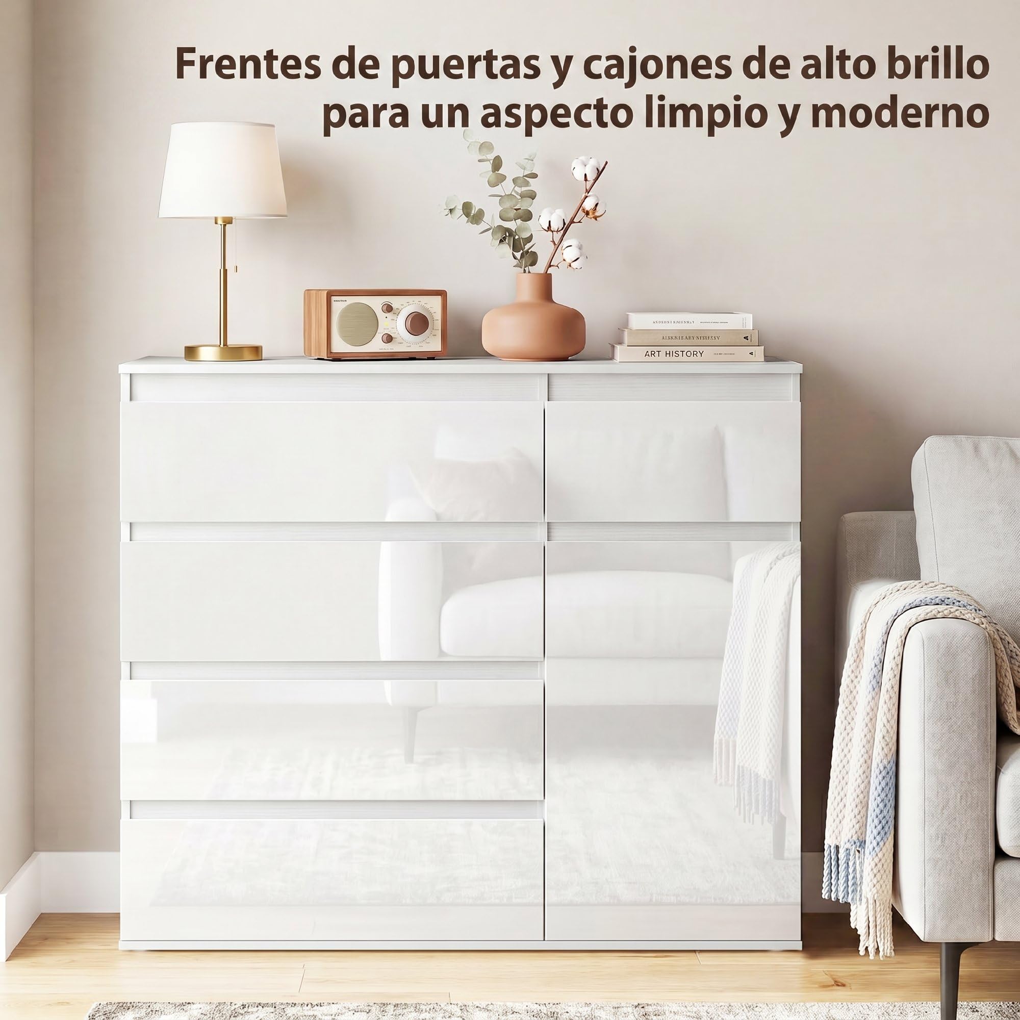 HOMCOM Aparador con 5 Cajones Aparador Recibidor 100x40x80cm Blanco Brillo | Estantes Ajustables, Puerta de Cierre Suave, para Cocina, Dormitorio