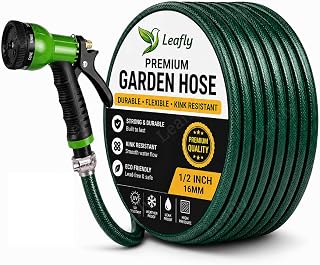 Leafly Heavy Duty Garden Hose Pipe | 1/2 Inch Flexible Water Pipe with Double Latex Core Braided Anti-Kink Outer Layer 8-Pattern SprayGun, Tap Connector & 2 Clamps | Leak-Proof, UV-Resistant (30M)