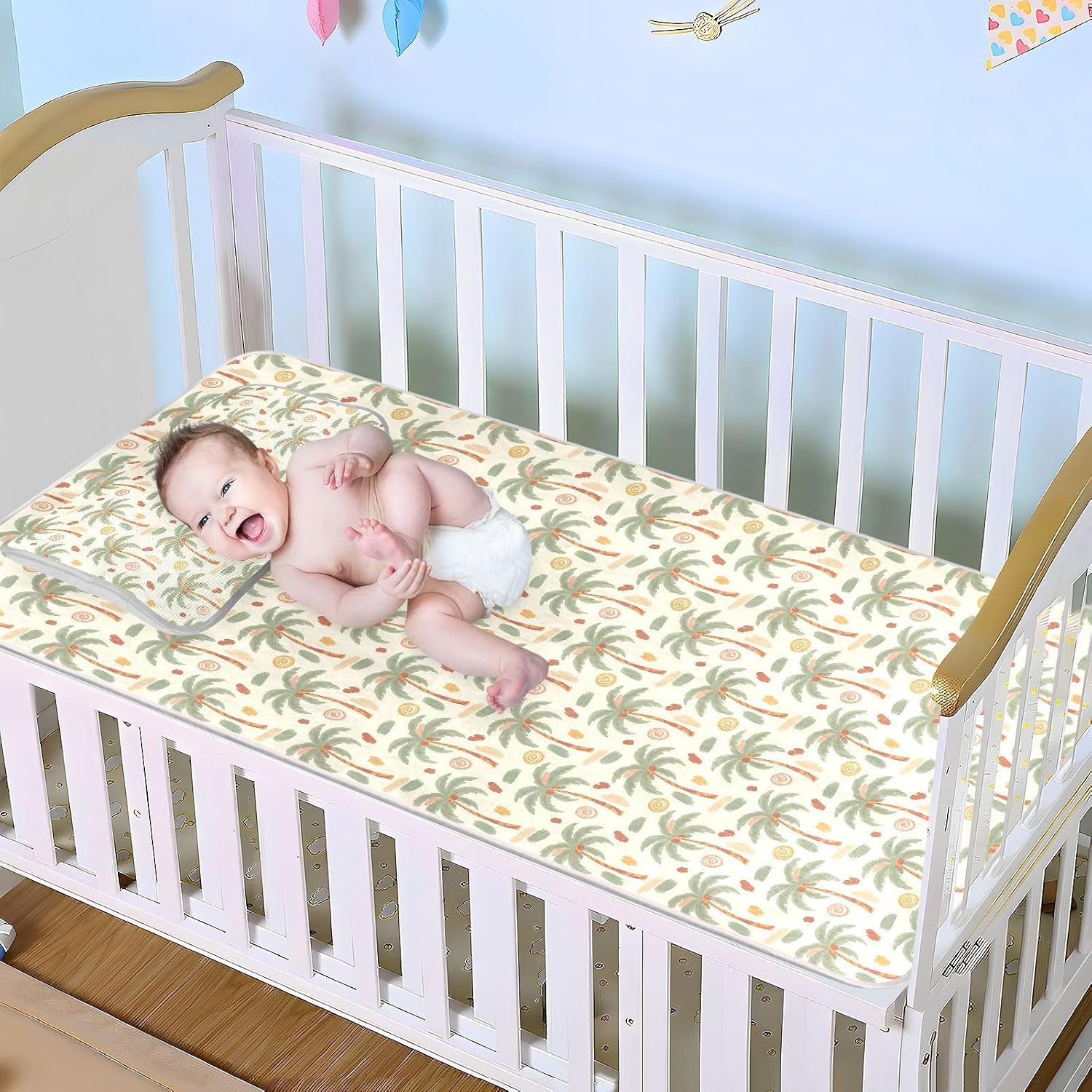 Baby Cooling Mat Palm Trees Ice Silk Breathable Mesh Summer Crib Mattress Pad with Pillowcase, Soft Cooling Sleeping Surface for Infant & Toddler, 52"x28"