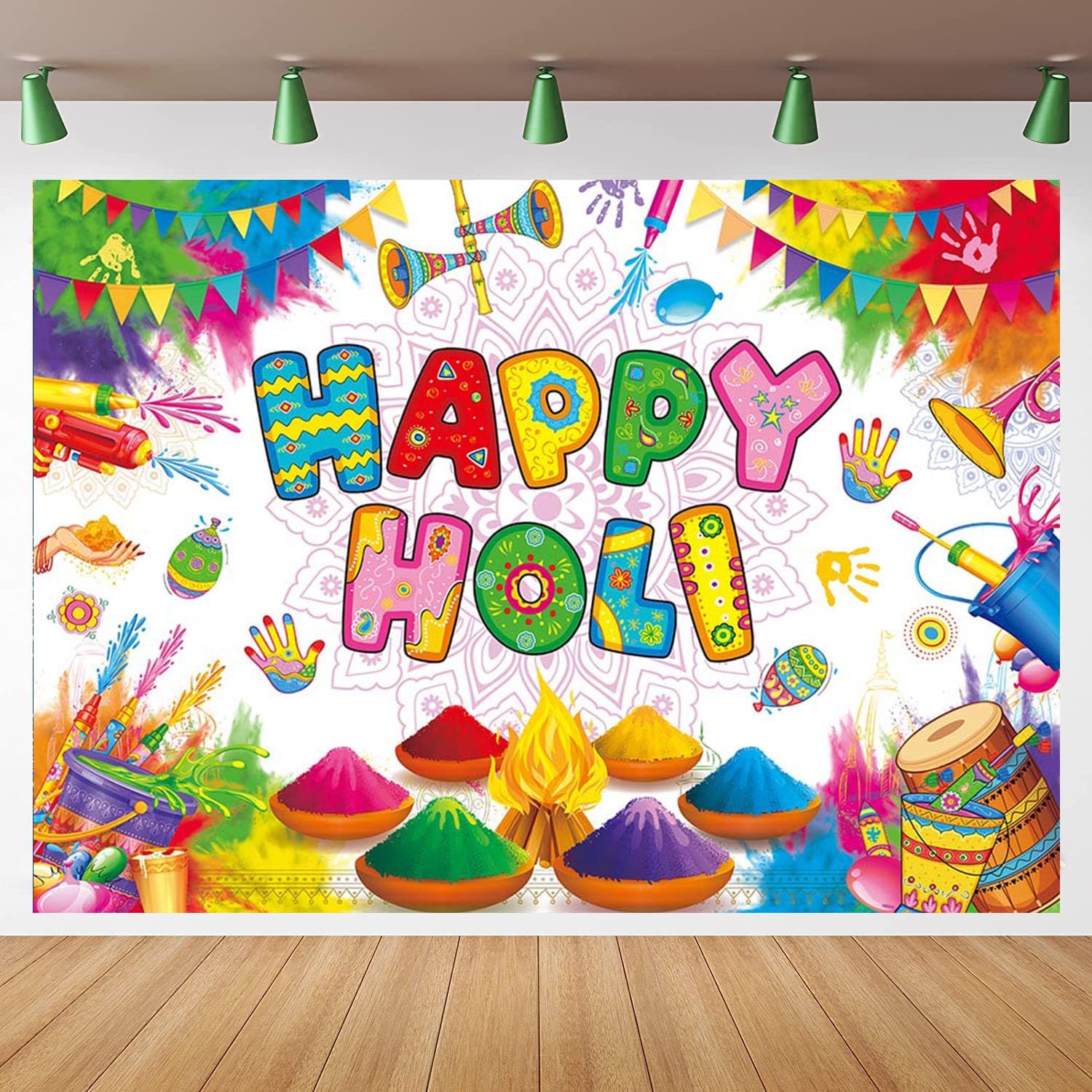 Happy Holi Backdrop Banner Indian Hindu Festival Party Photoshoot Background Colorful Hindu Holi Party Decorations Banner Booth Props (7x5FT(82 x 59 inch))