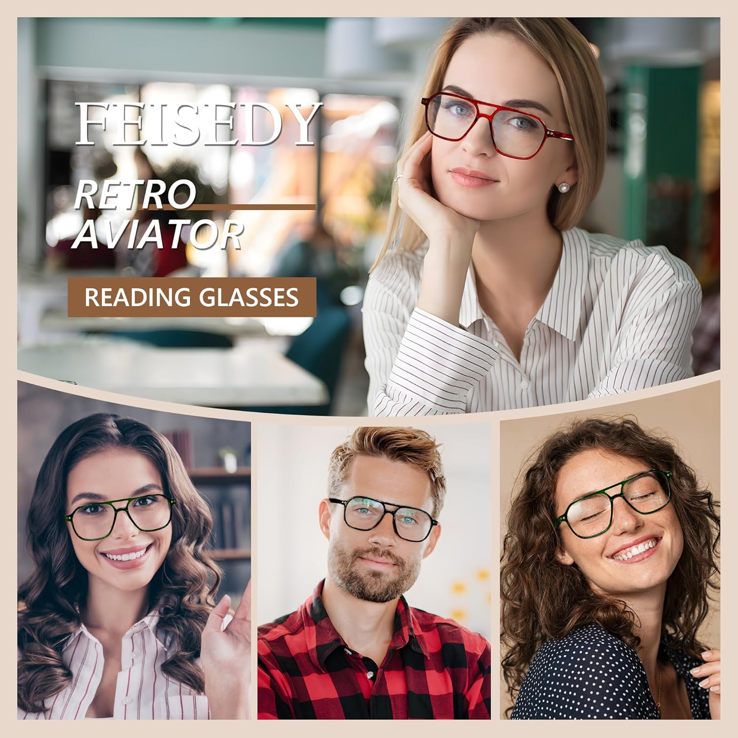 FEISEDY Retro Aviator Reading Glasses Square Readers with Spring Hinge Blue Light Reading Glass for Women Men B0068 - Image 4