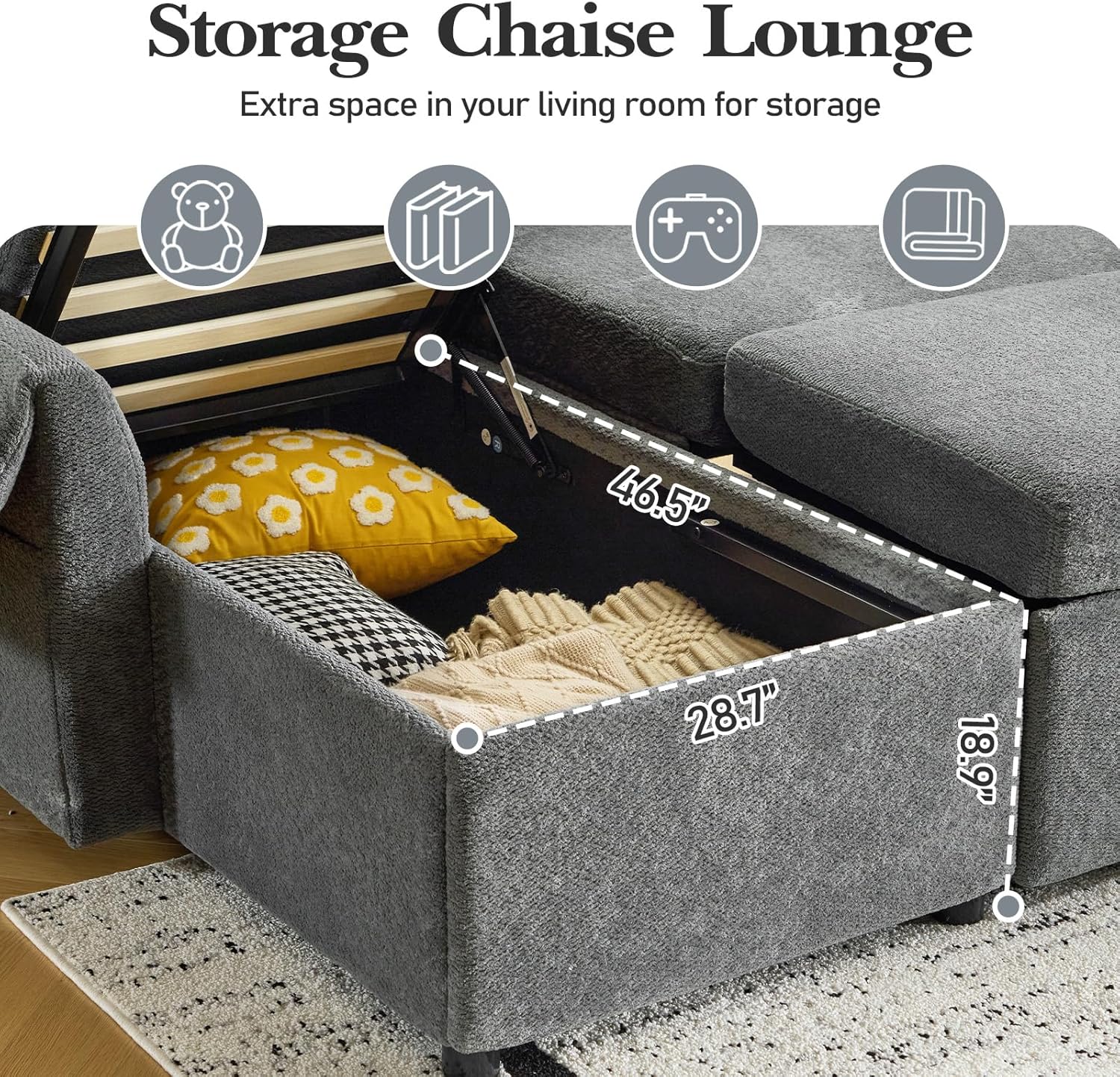 Open storage chaise lounge with pillows and blankets inside