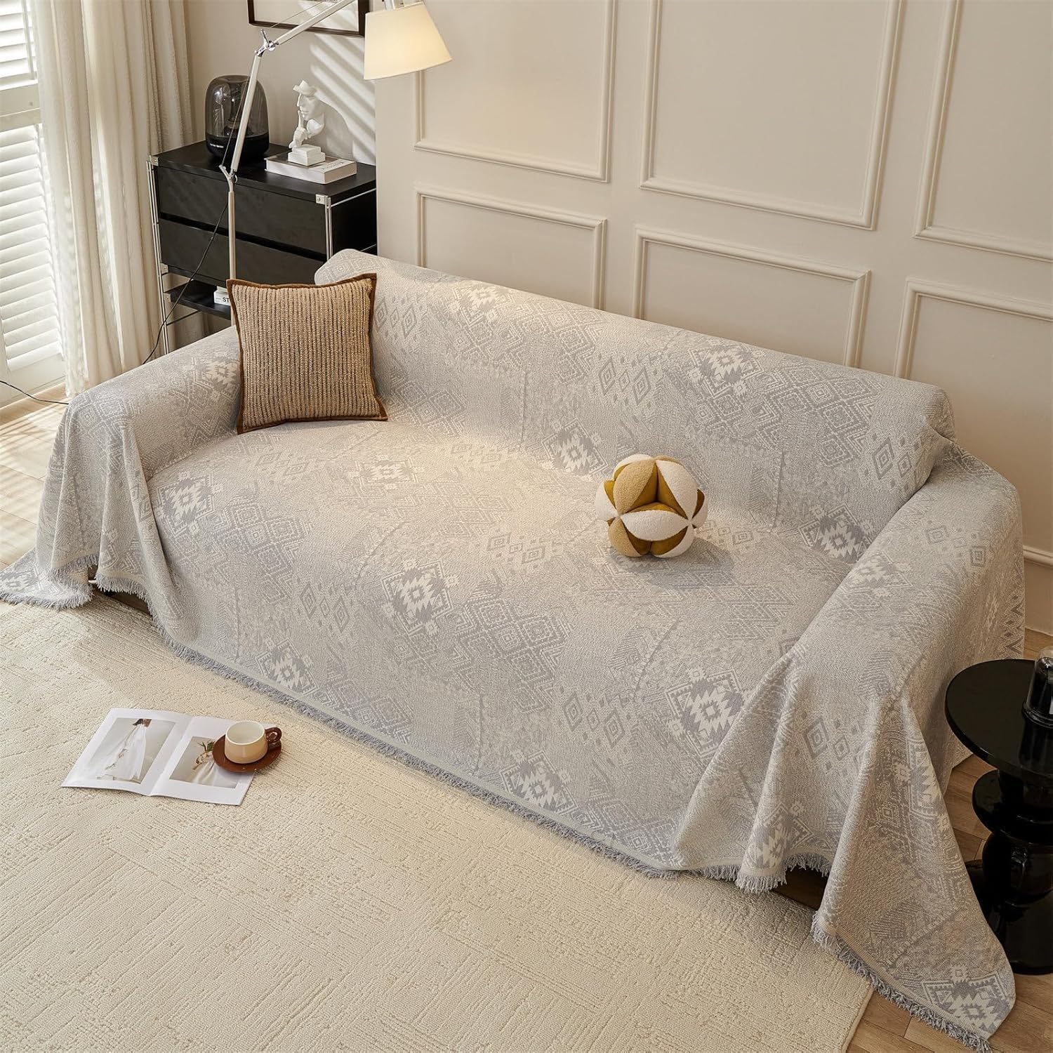 PEIHUODAN Bohemian Sofa Throws Large 1/2/3/4 Seater, Summer Blanket Throws for Settees, Cotton Non Slip Small Sofa Protective Cover, King Size Blankets for Beds (Gray,180x180cm)