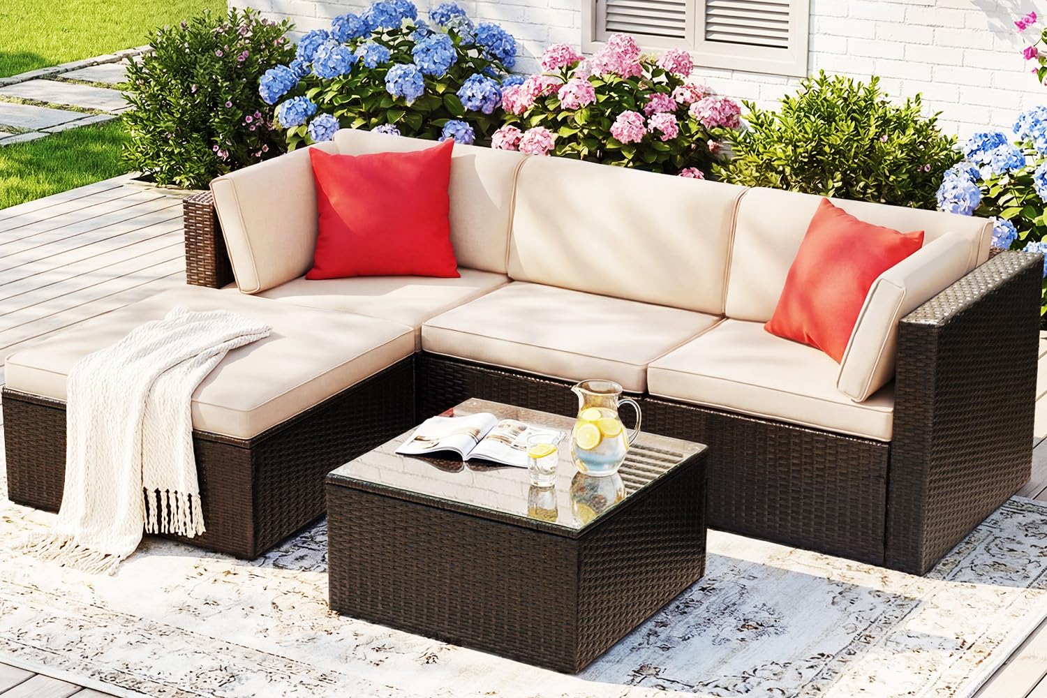 Devoko 5 Pieces Patio Furniture Sets All Weather Outdoor Sectional Patio Sofa Manual Weaving Wicker Rattan Patio Seating Sofas with Cushion and Glass Table (Beige) - 2