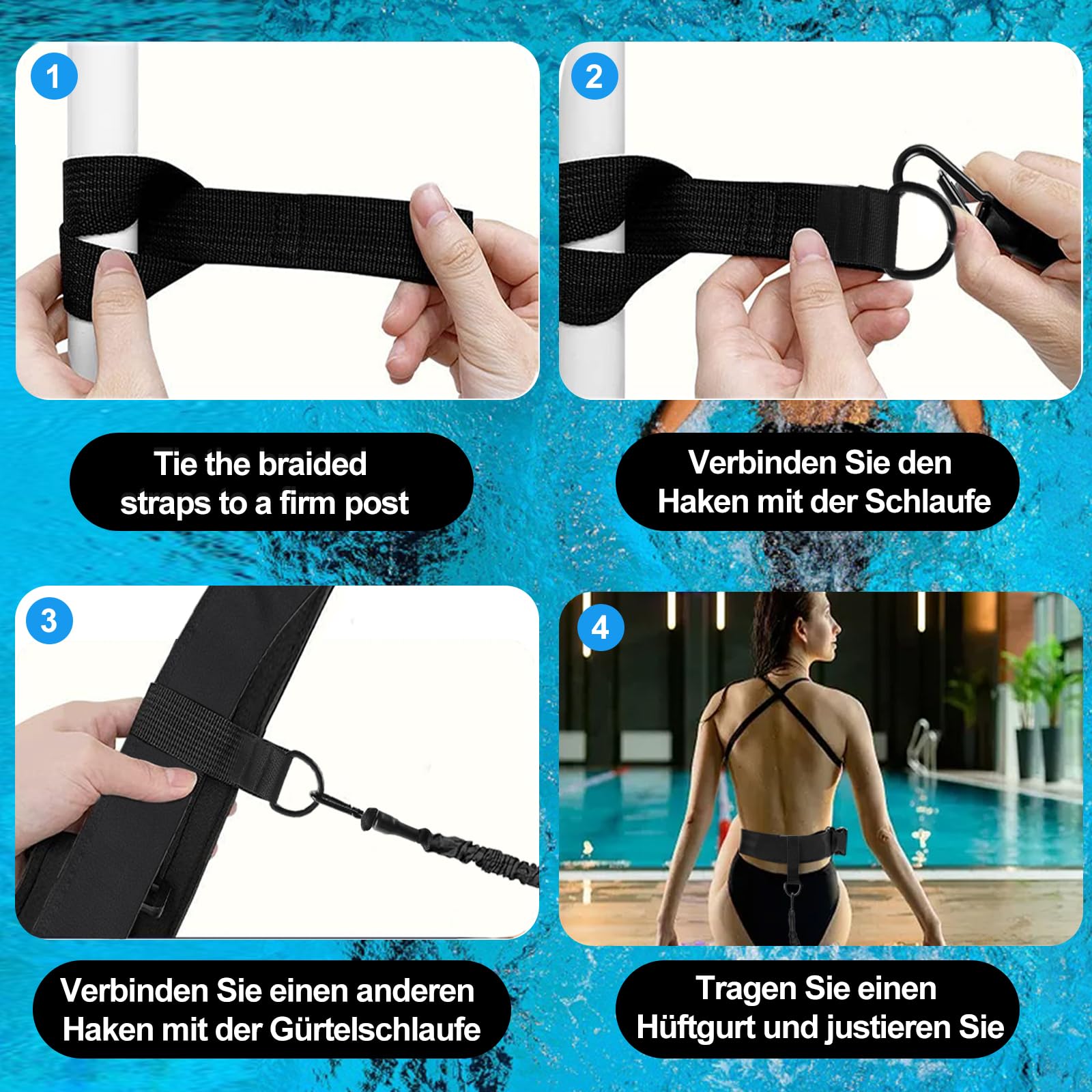 Schwimmgurt Pool für Erwachsene & Kinder, Schwimmhilfe mit 4-7,5 M Elastischen Gummibändern,Schwimmtrainer Gürtel für Jedes Schwimmbad Ohne Gegenstromanlage, Einstellbare Schwimmleine