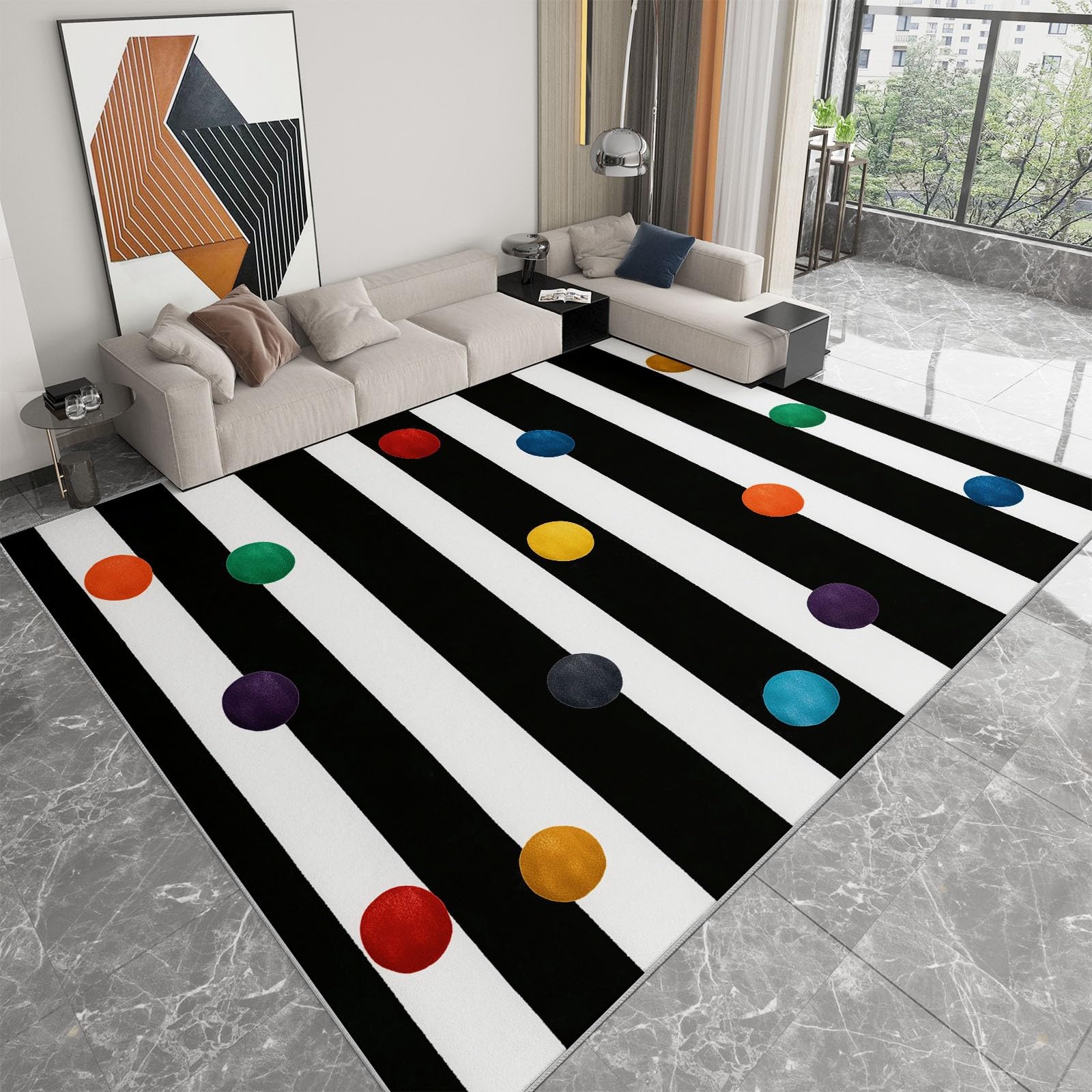 Générique Tapis Salon Lavable Pois rayés Noirs et Blancs 180x240cm Tapis Poil Ras Intérieur Moderne, Antidérapant et Résistant, Décoration pour Chambre Cuisine Bureau Maison