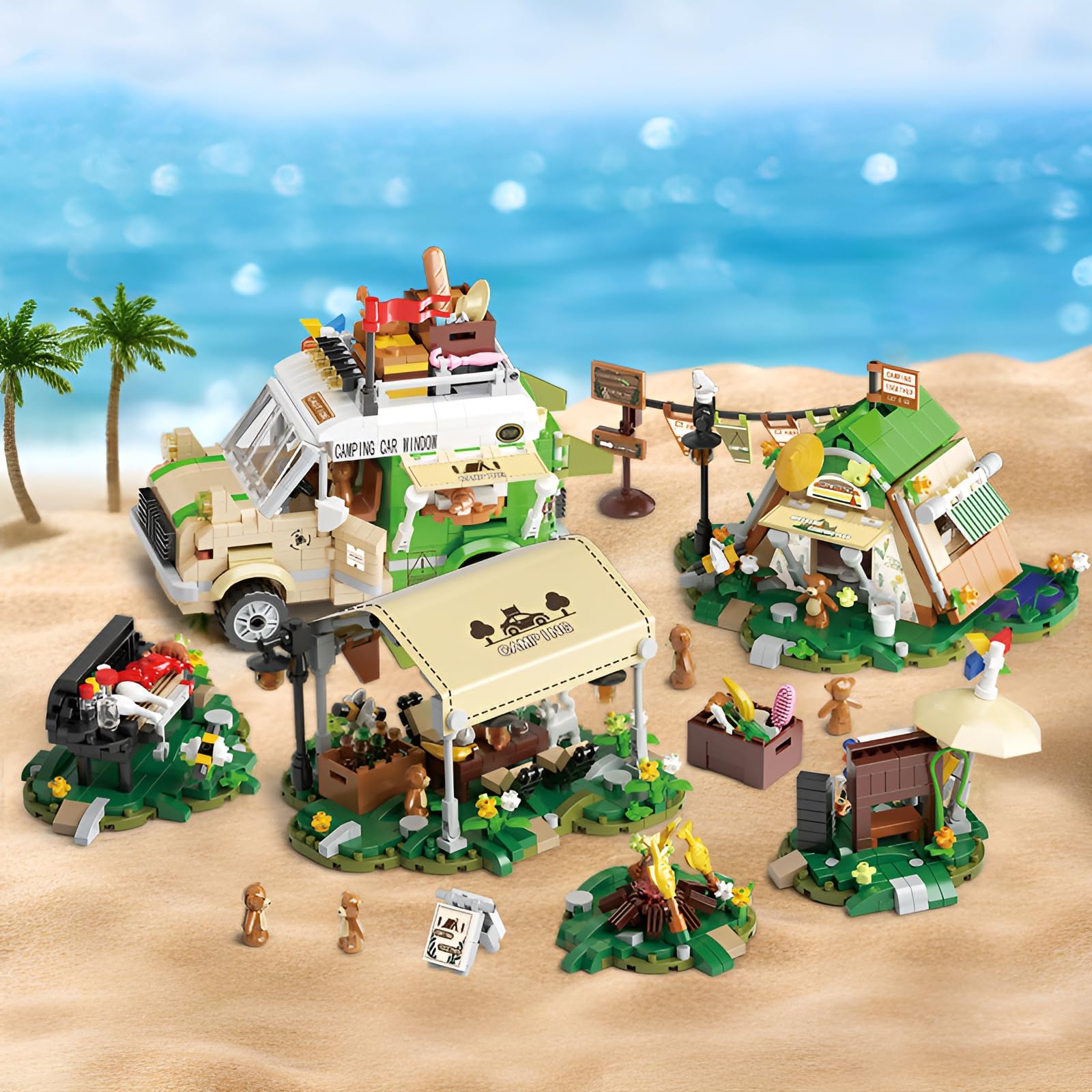 Camper-Van-Mini-Micro-Bausatz mit Campingzelt für draußen Geschenke Deko | 1982Stk Bausatz eine Camping-Szene mit Wohnmobil, Zelt,Grill Lagerfeuer, Modulares Design unzählige Kombinationsmöglichkeiten