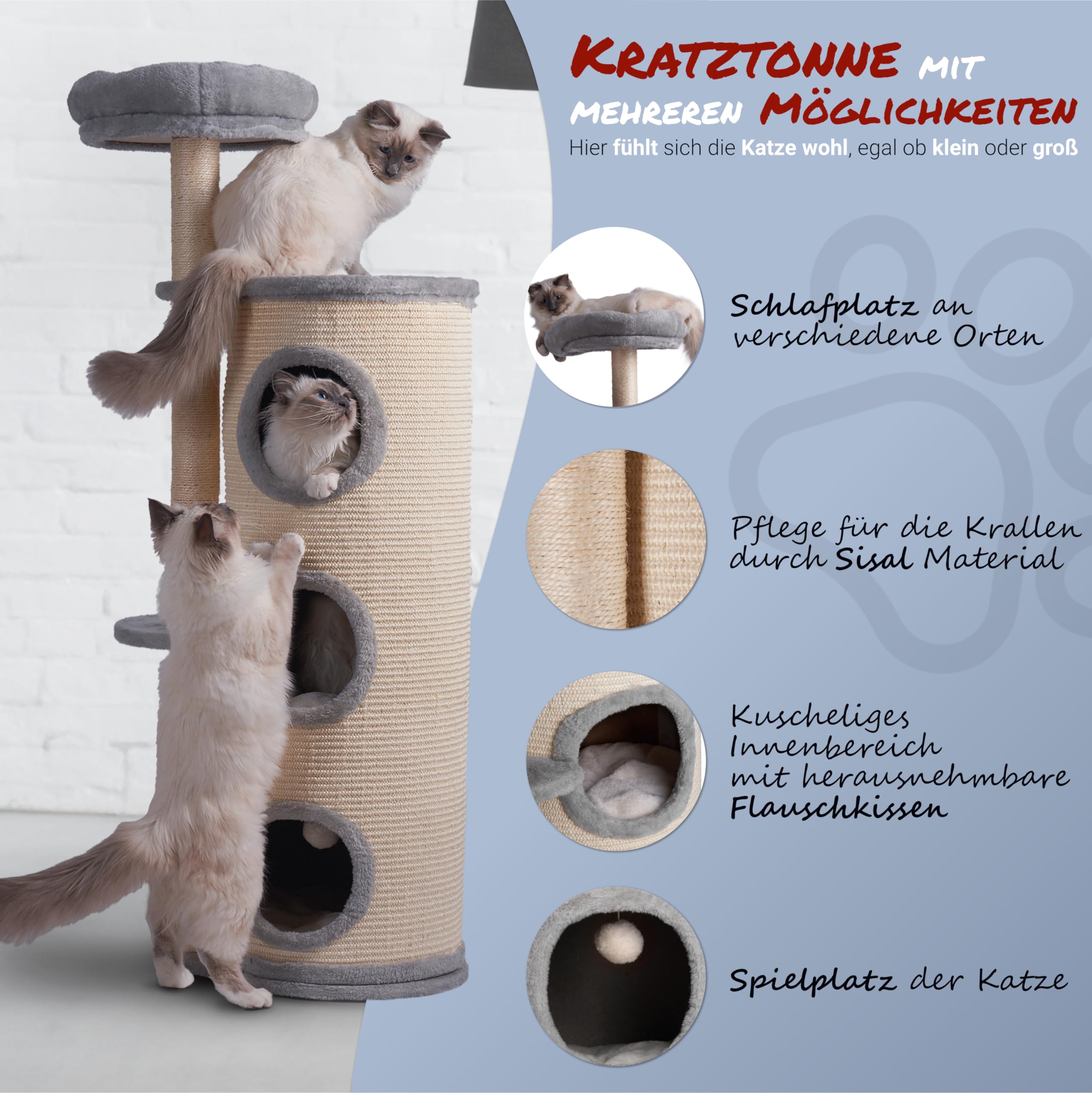 Kratztonne für Katzen, Sisalmaterial, 45cm x 35cm x 121cm, Einzigartiges Design, Kuschelige Schlafplätze, Beige