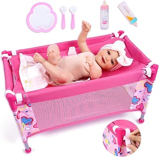 BABESIDE 7PCS Baby Doll Crib for 18" Dolls - Portable Bed with Magic Bottles, Diaper Pad, Storage Bag & Feeding Accessories, Ages 3+ Gift