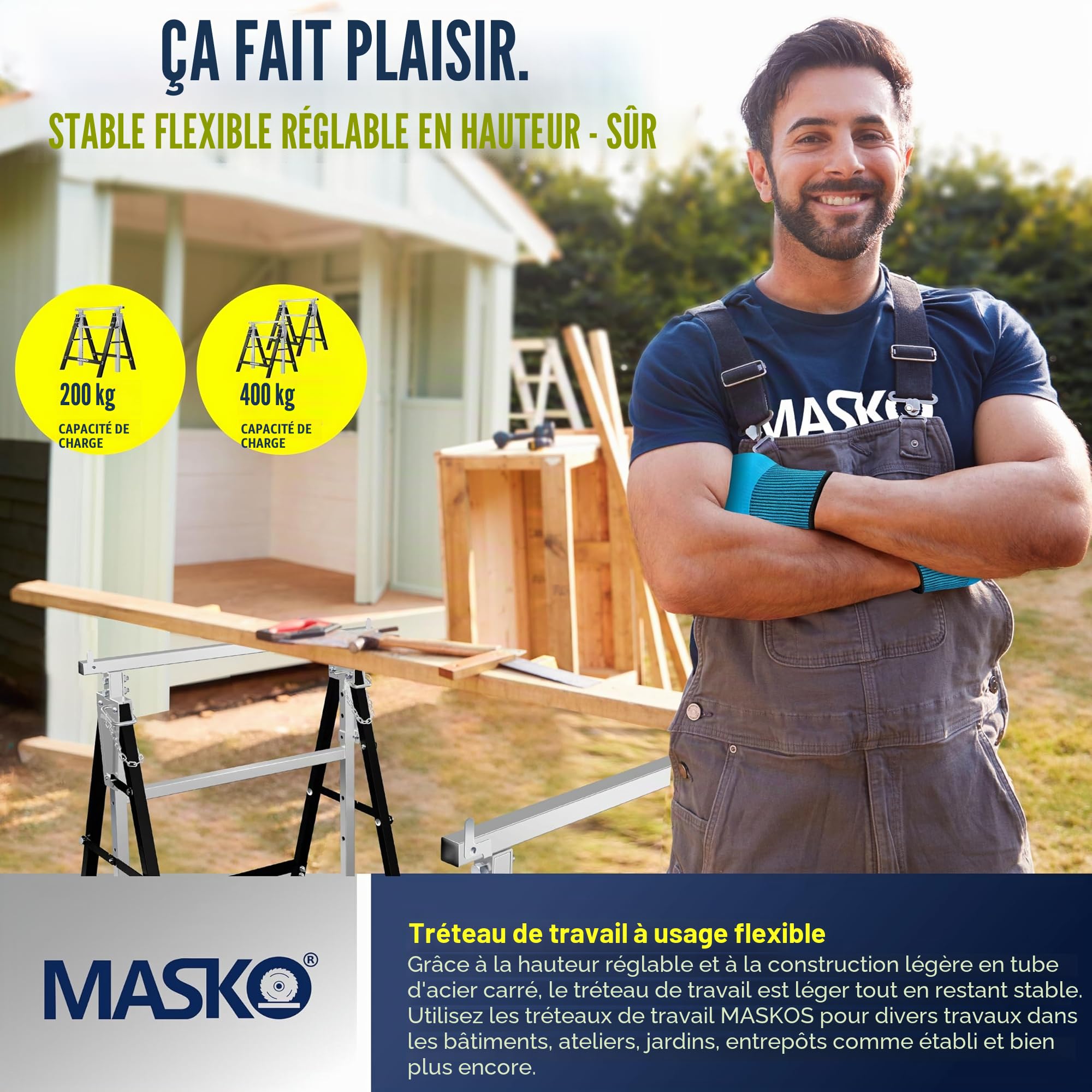 MASKO® Lot de 4 tréteaux de travail télescopiques - Charge maximale : 200 kg - Hauteur de travail min/max : 800-1300 mm - Avec gants - Noir