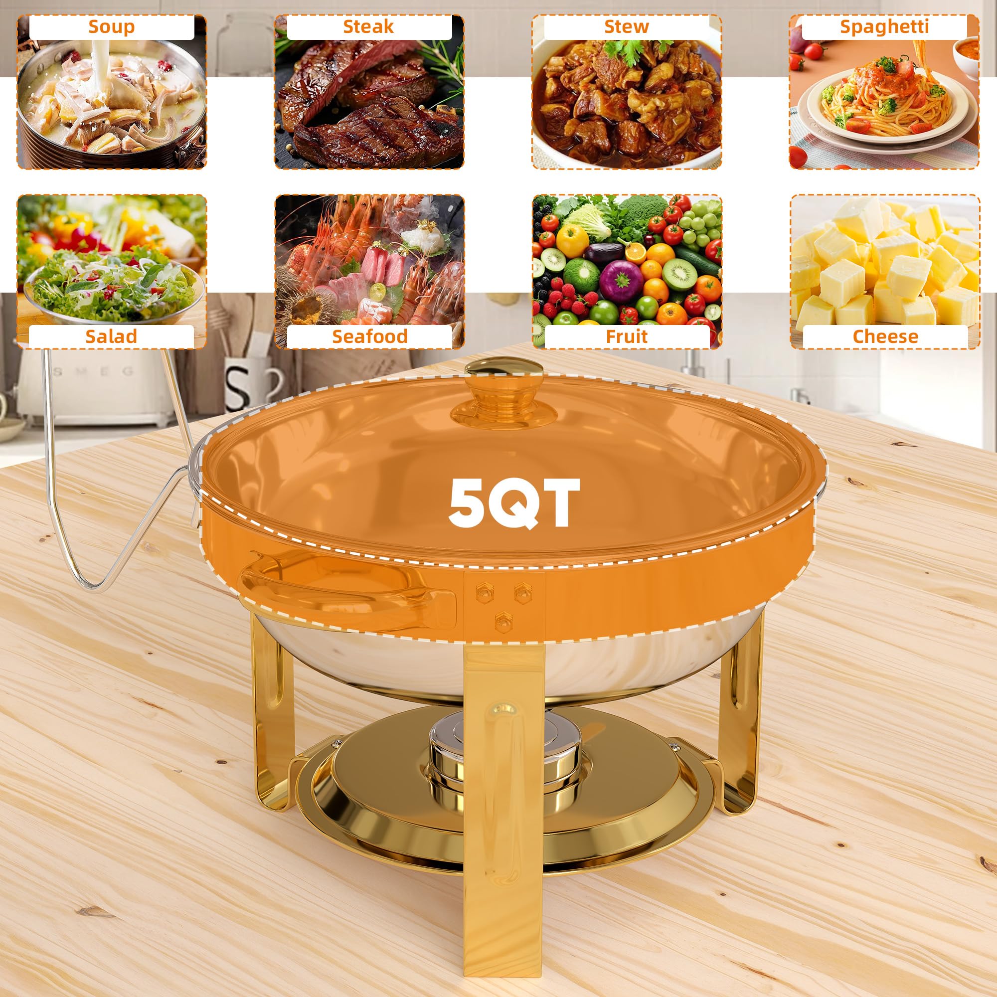 Lot de 4 Ronde Chafing Dish en Acier INOX, 5QT Chauffe Plat Buffet avec Couvercle en Verre, Réchaud Marmite Chauffante Buffet pour Fêtes, Événements, Mariages, Banquets, Dîners