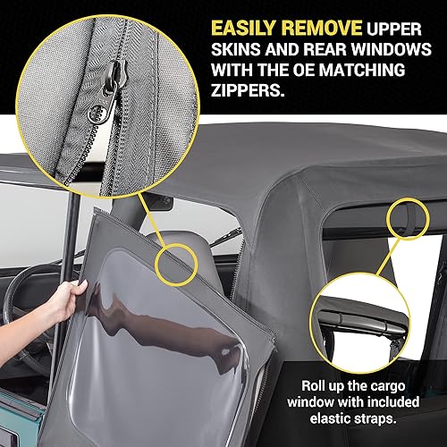 Miniatura 4 de TACTIK Parte superior suave de repuesto de tela solo para Jeep Wrangler 1988-1995 YJ. Techo de tela de ajuste personalizado con ventana lateral y