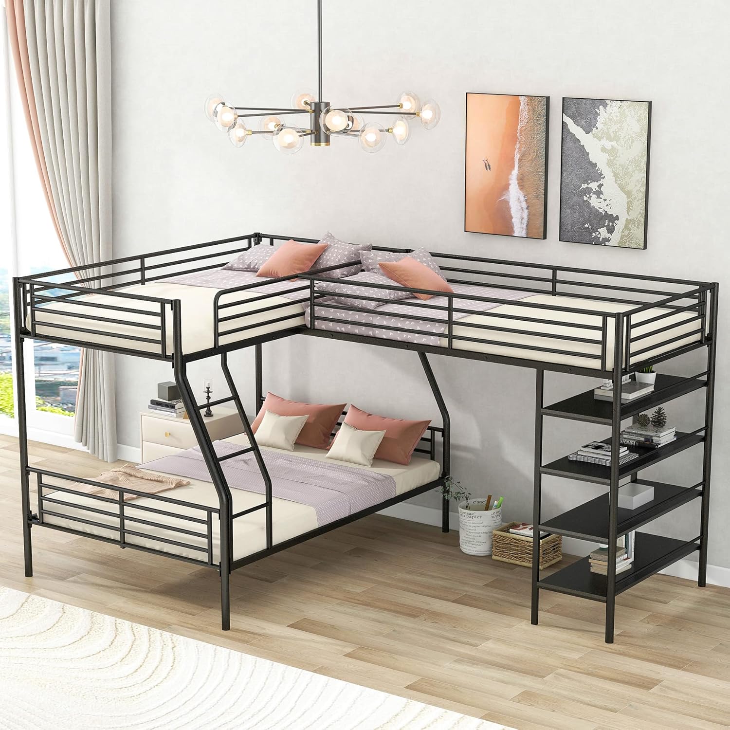 L Shape Bunk Beds for 3, Triple Bunk Beds with 4 Storage