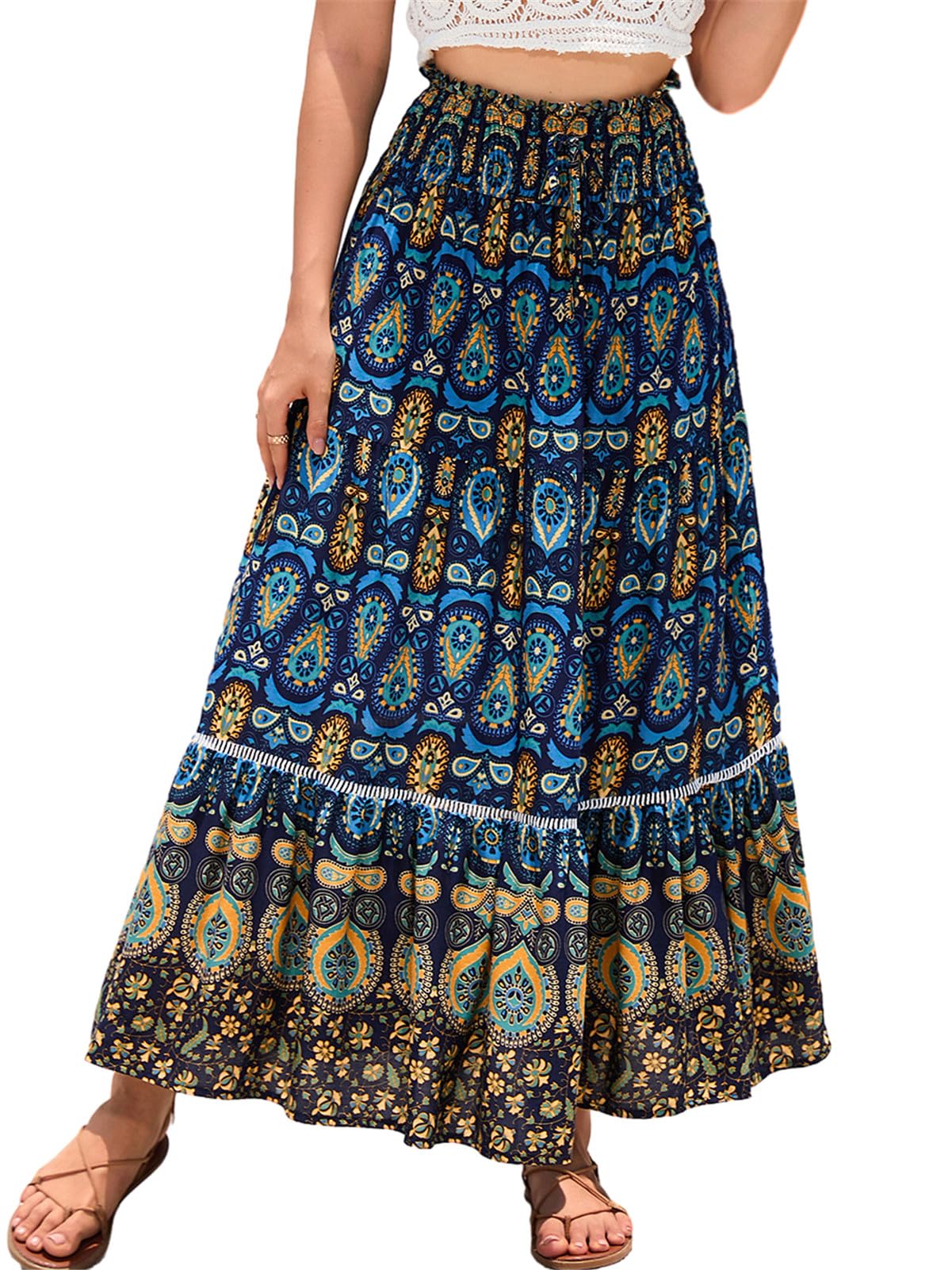 Summer Boho Midi Skirt Vintage Floral Print Gypsy Skirts High Waist Long Summer Dresses for Beach Holiday