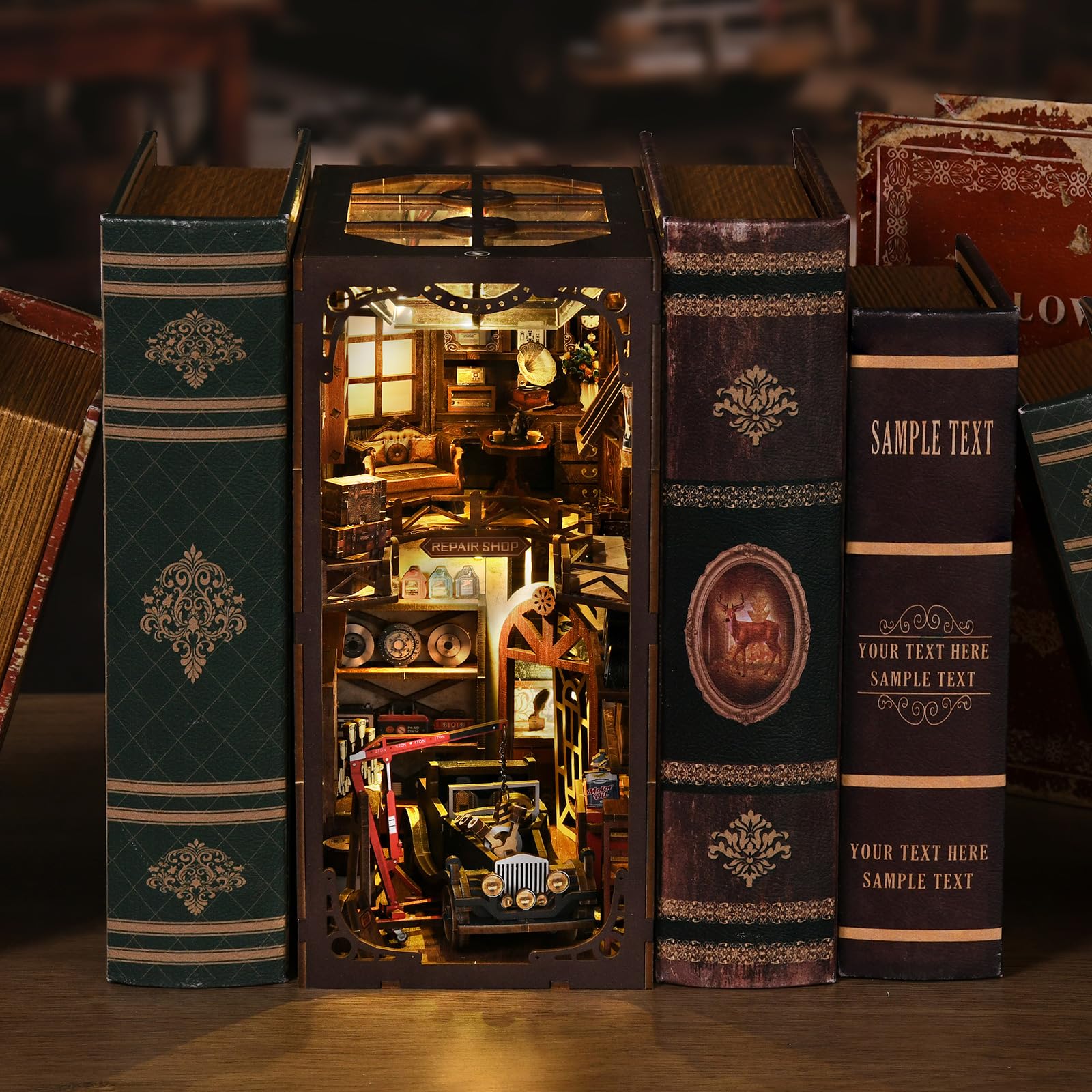 Book Nook Kits - warsztat samochodowy dla dorosłych - DIY miniaturowa wkładka z lampkami LED, kreatywne zestawy do rękodzieła dla dorosłych