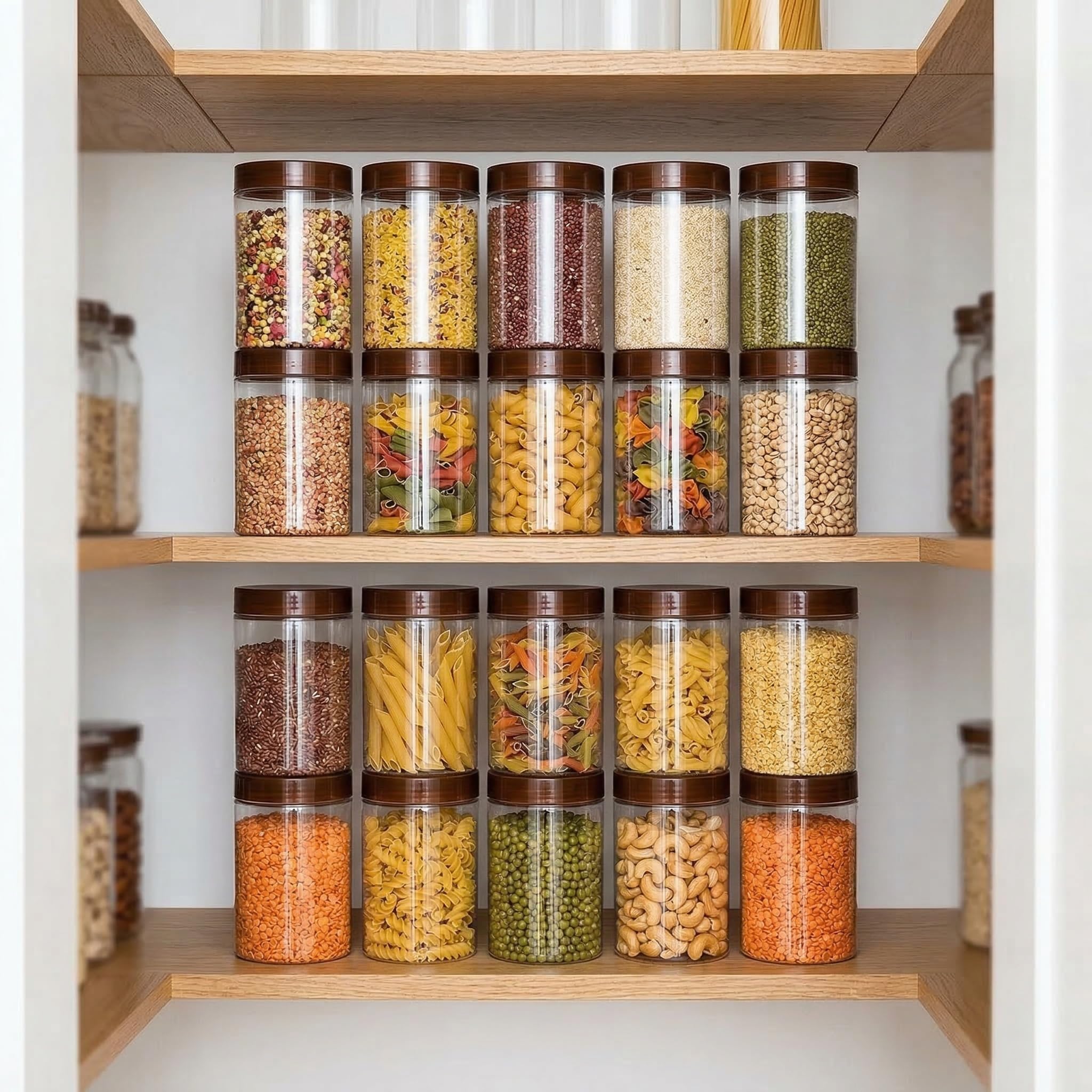 Fasmov Lot de 12 bocaux vides en plastique transparent avec couvercles à visser, parfaits pour la cuisine et le rangement de la maison, marron 350 ml