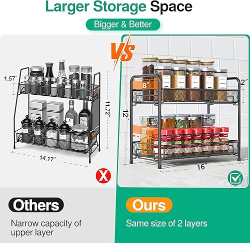 Miniatura 3 de Organizador de especias para encimera, paquete de 2, 2 niveles, plegable, de metal, grande, estante de almacenamiento de condimentos para gabinete