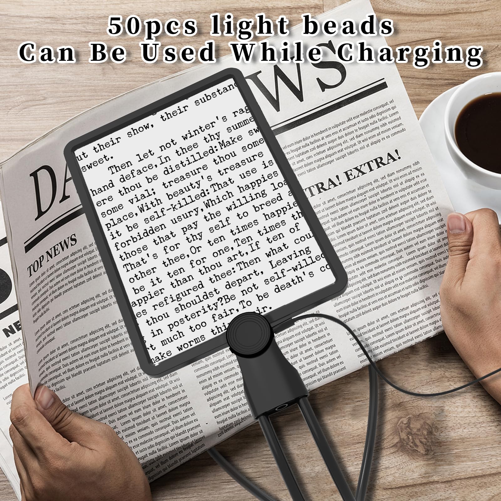 Hands Free 9.4"x6.7" Full-Page 5X Magnifying Glass for Reading, Large Lighted Magnifier with 50 LED Lights, Flexible Gooseneck Magnifier for Neck Wear Repair Sewing Low Vision Elderly - Image 6