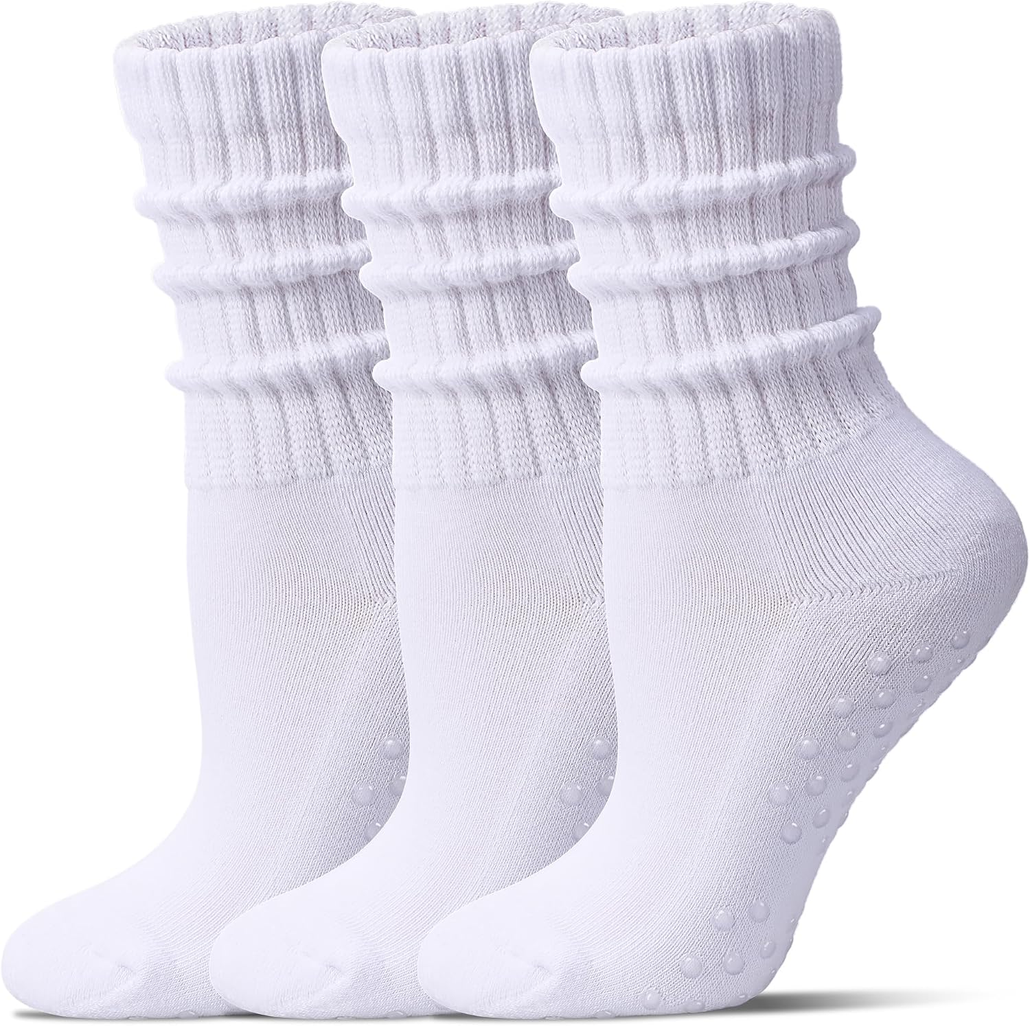 Pilates Socks for Women Mid Calf Slouch Yoga Socks with Non Slip Grippers for Barre Boot Sock 3 Pairs