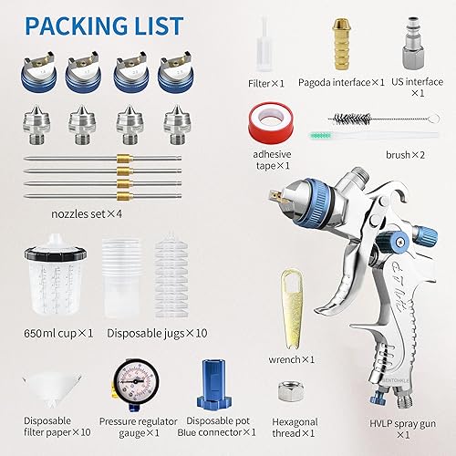 Miniatura 5 de Pistola de aerosol de aire HVLP alimentada por gravedad con boquillas de 1.4/1.7/2.0/2.5 mm y tazas de mezcla de 650 cc, pistola de pintura en