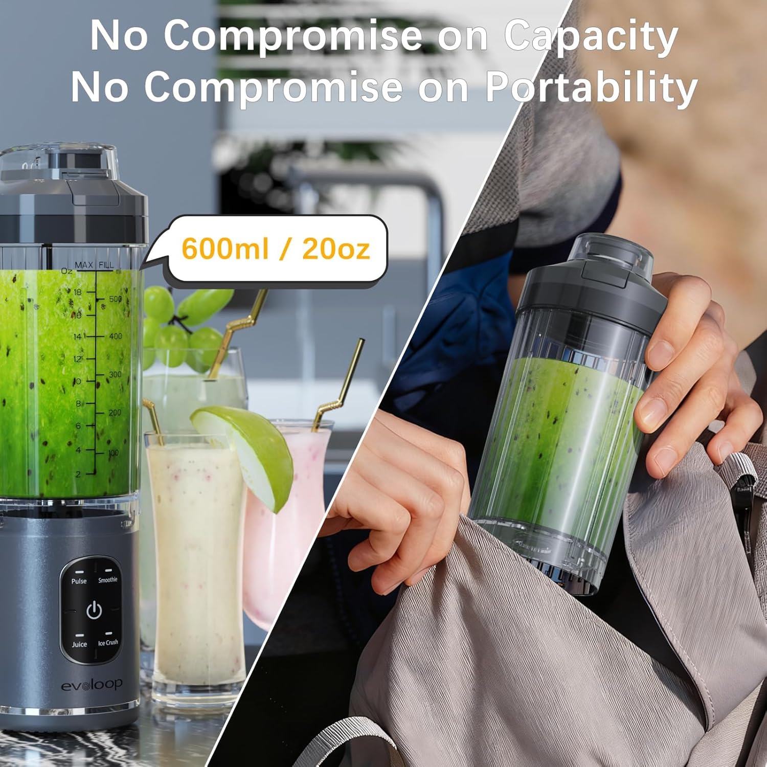 Personal Blender, Portable Blender for-Smoothies and Shakes, Ice crush, Juice, Pulse, 4 Programs, Cordless, USB-C Rechargeable, 18 oz removable Vessel, Lids and Straws, BPA Free, Dishwasher Safe