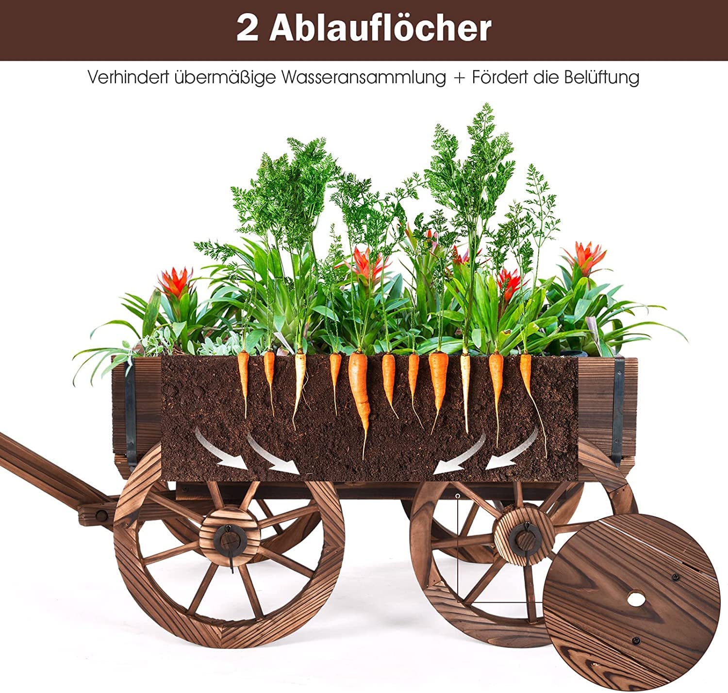 RELAX4LIFE Blumenwagen Holz, Pflanzwagen mit 4 Rädern, Verstellbarem Griff, Ablauflöchern, Bollerwagen Outdoor wetterfest, Pflanzkarre Pflanztopf für Garten Balkon Terrasse, 120 x 43 x 53,5 cm, Braun