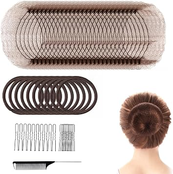 40PCS Invisible Hair Nets for Buns, Elastic Edge Mesh Hair Net Set with 20 U-Shaped Pins, 5 Hair Bands,Tail Comb, Secure Ballet Bun Maker for Women, Dance, Gymnastics and PerformancesBrown