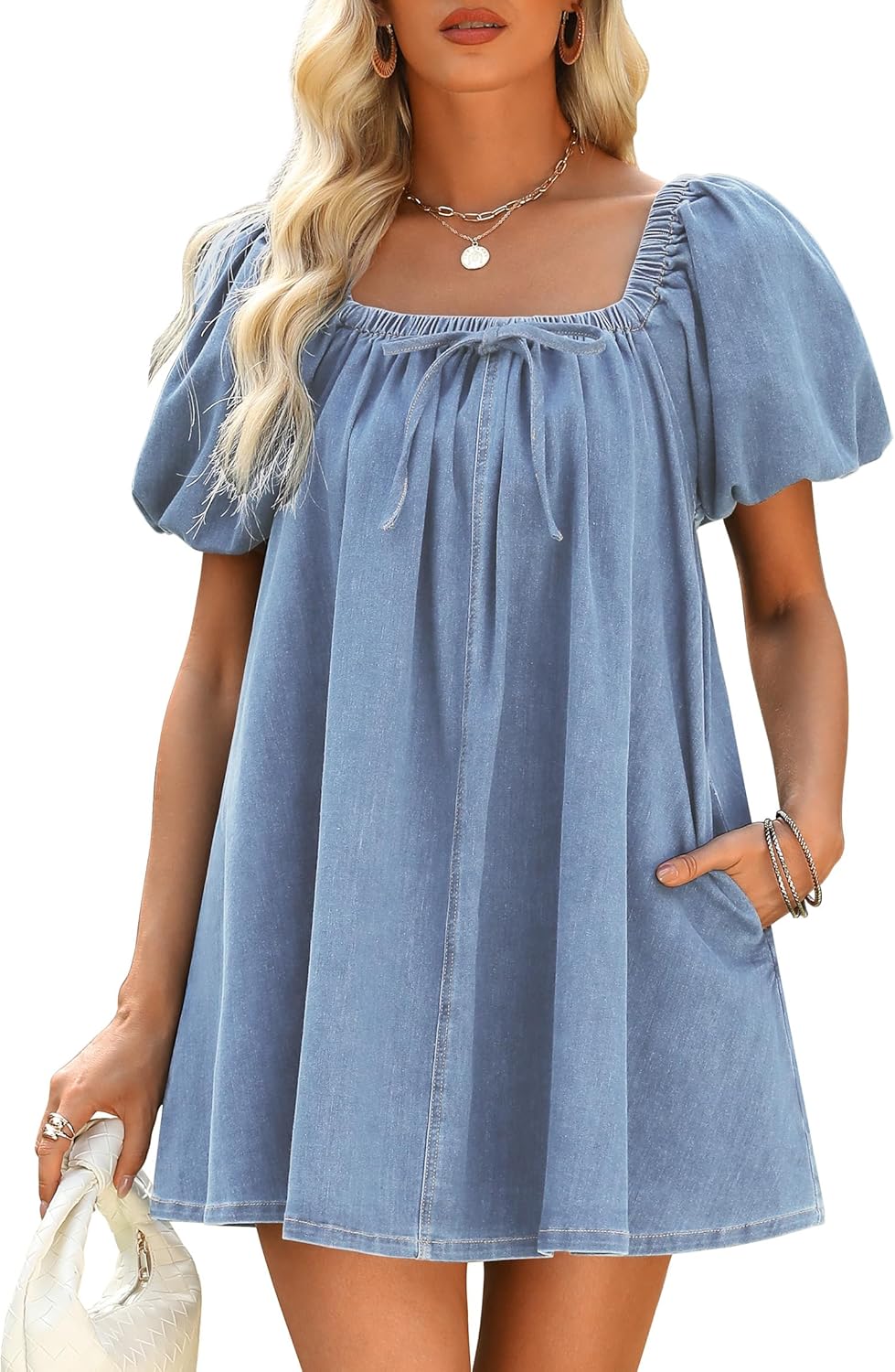 Denim Dress for Women, Puff Short Sleeve Jean Dress Square Neck Denim Romper with Pockets